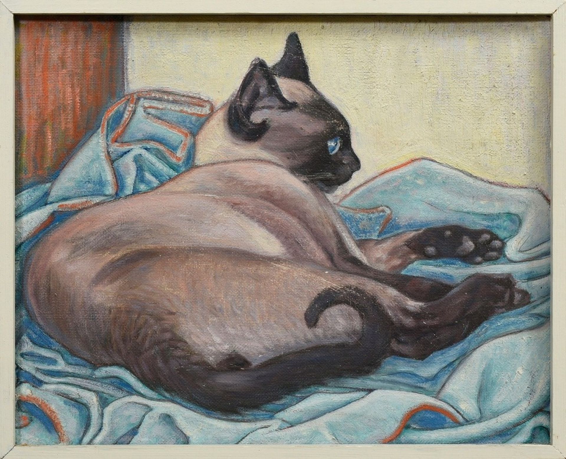 Fredderich, Rudolf (1886-1976) "Siamese cat on blanket", oil/canvas mounted on board, 39,5x49cm (w. - Image 2 of 3