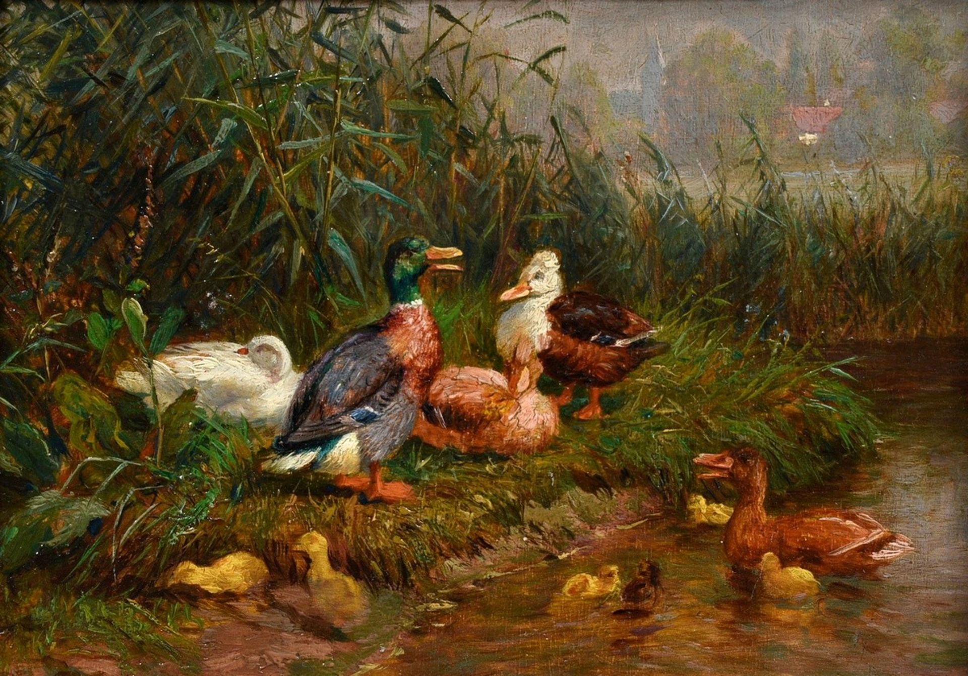 Jutz, Carl d. Ä. (1838-1916) zugeschr. "Enten mit Küken am Wasser", Öl/Holz, 15,5x18cm (m.R. 18,8x2
