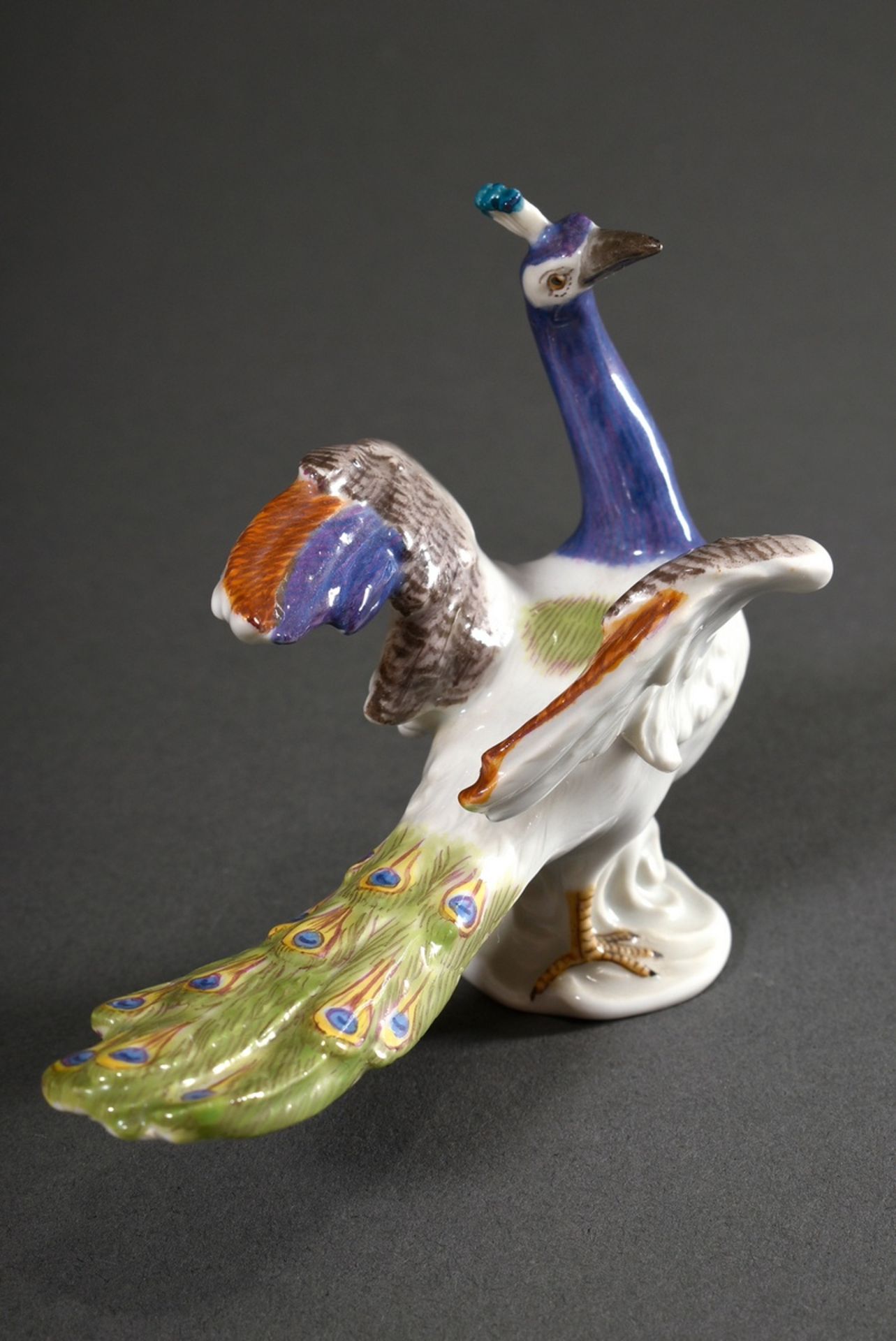 Small Meissen figure "Peacock", polychrome painted, model no.: 7719, form no.: 95, year: 1978, 9x11