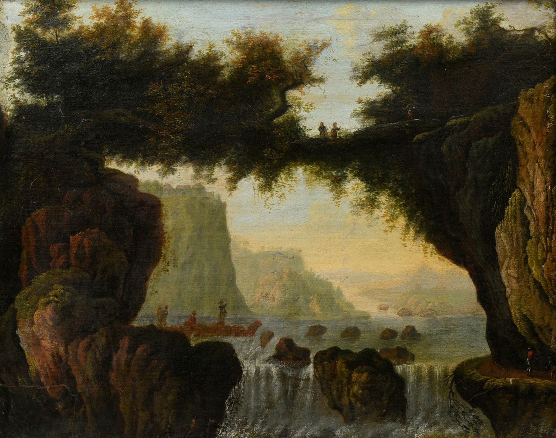 Unbekannter Künstler um 1780 "Ideale Landschaft mit Wasserfall und Personenstaffage", Öl/Leinwand, 