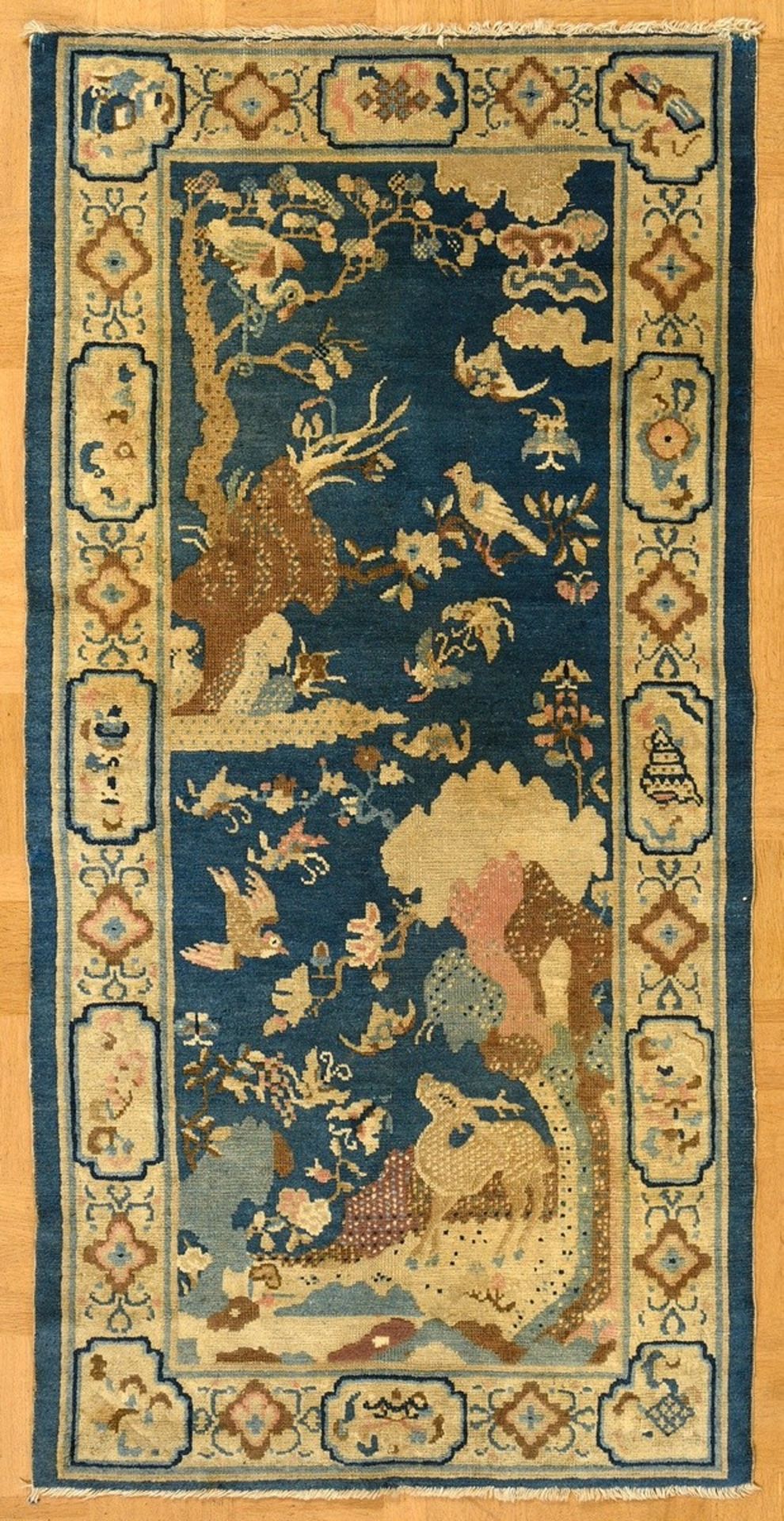 Antique Chinese pow tow bridge "Landscape with deer, various birds, butterflies and bats" in detail