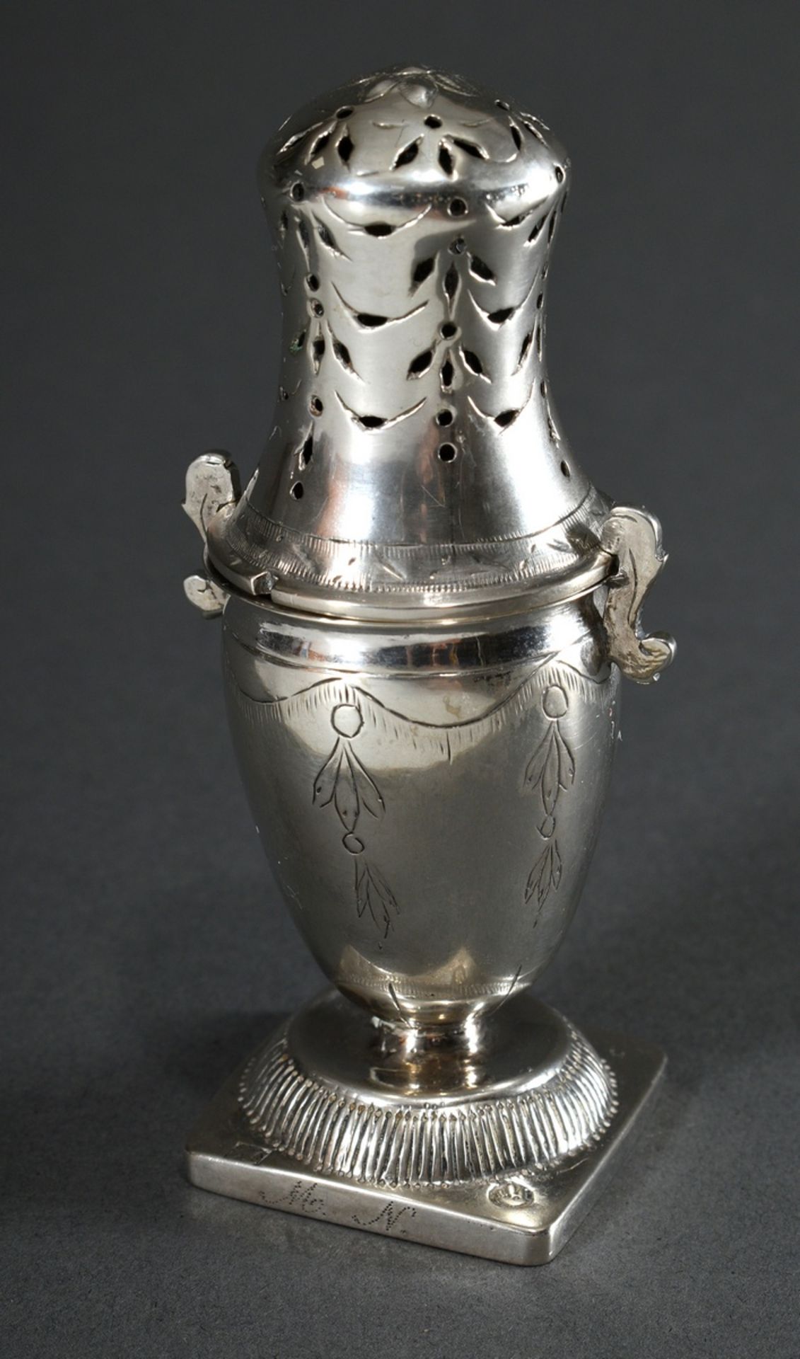 Small Danish shaker in vase form with engraved festoons and grooved foot, ornamental openwork lid w