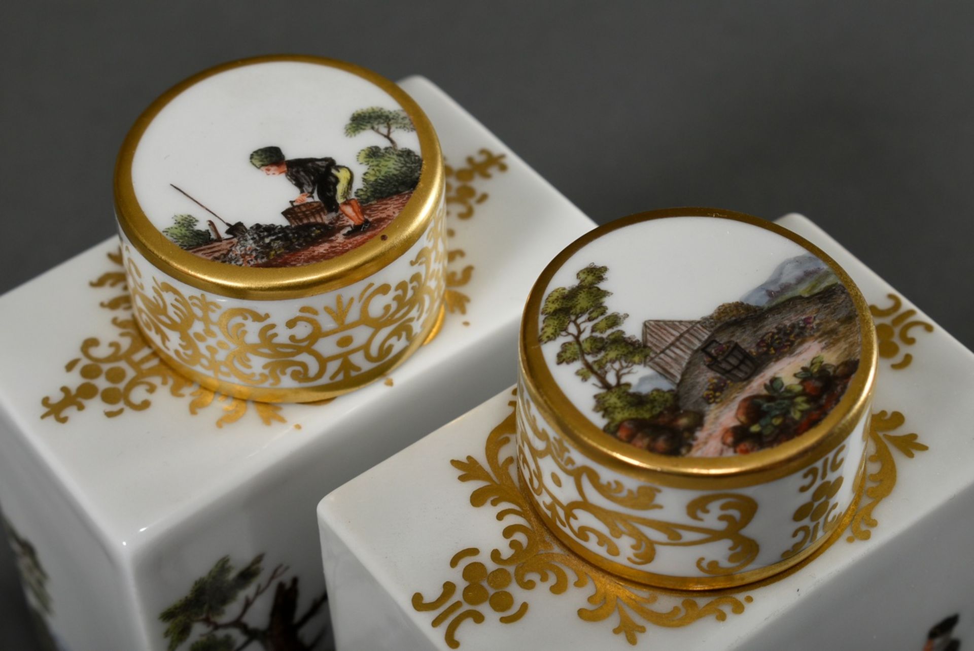 Pair of Meissen tea caddies with very fine polychrome painting "Miner motifs" after Bonaventura Got - Image 4 of 6