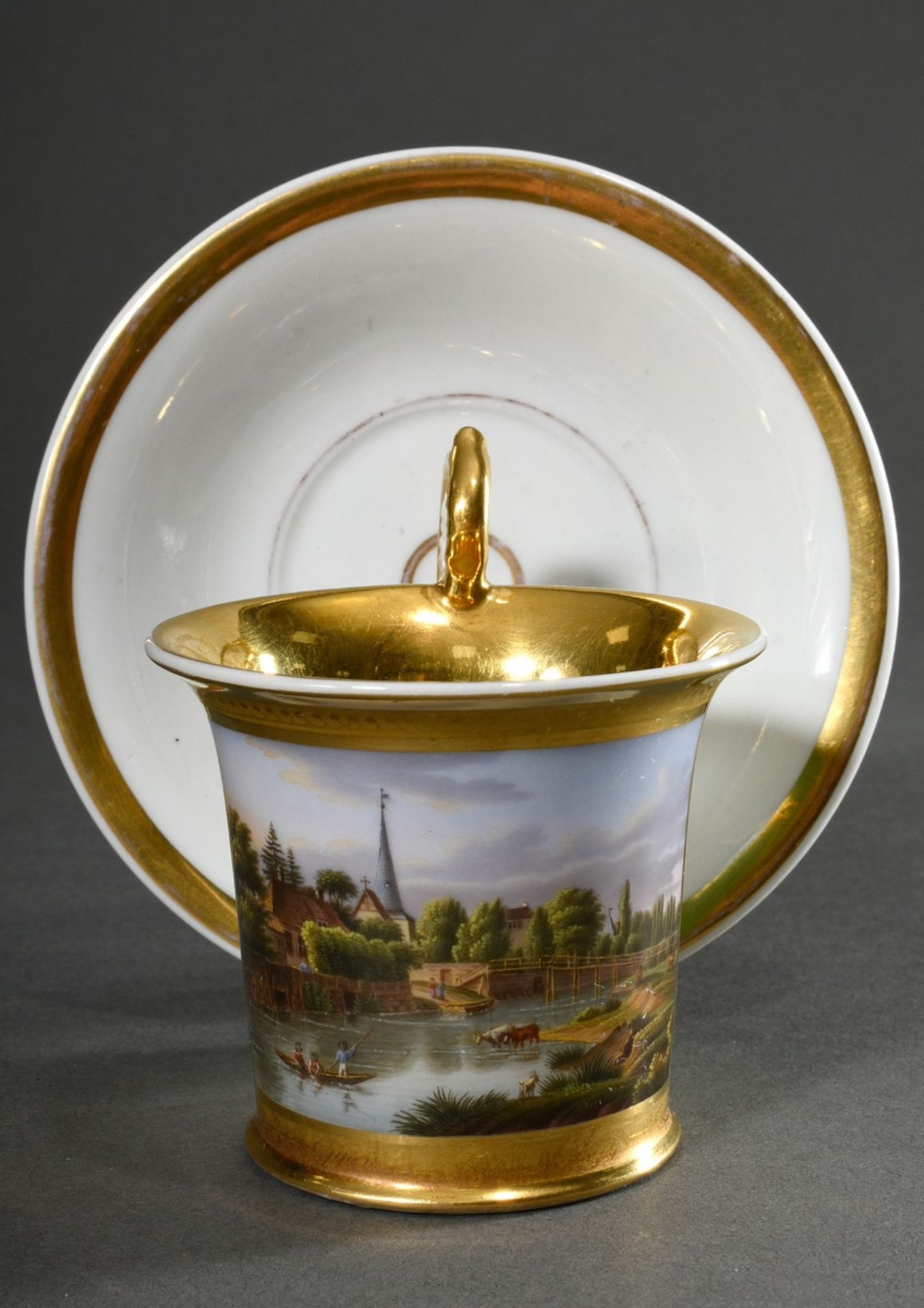Biedermeier view cup with flawless painting "Leinpfad mit Eppendorfer Kirche" on dark green backgro