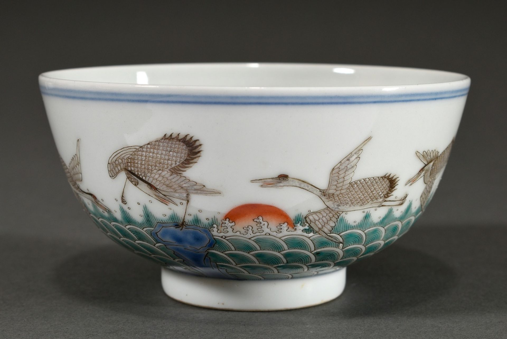 Kumm with fine polychrome painting "Eight cranes over waves in the sunset", China 1851-1861, Xianfe