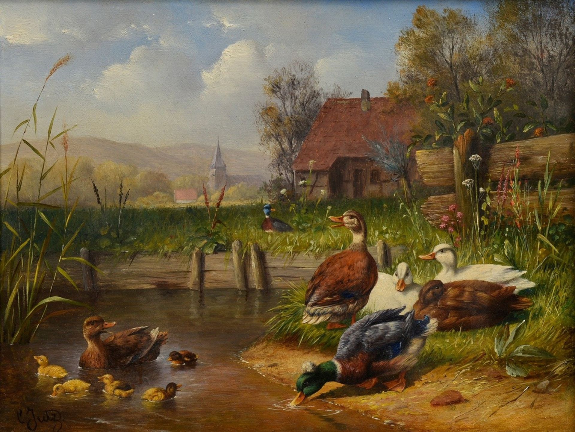 Jutz, Carl d. Ä. (1838-1916) "Enten und Küken am Hofteich", Öl/Holz, u.l. sign., 19,5x26cm (m.R. 32