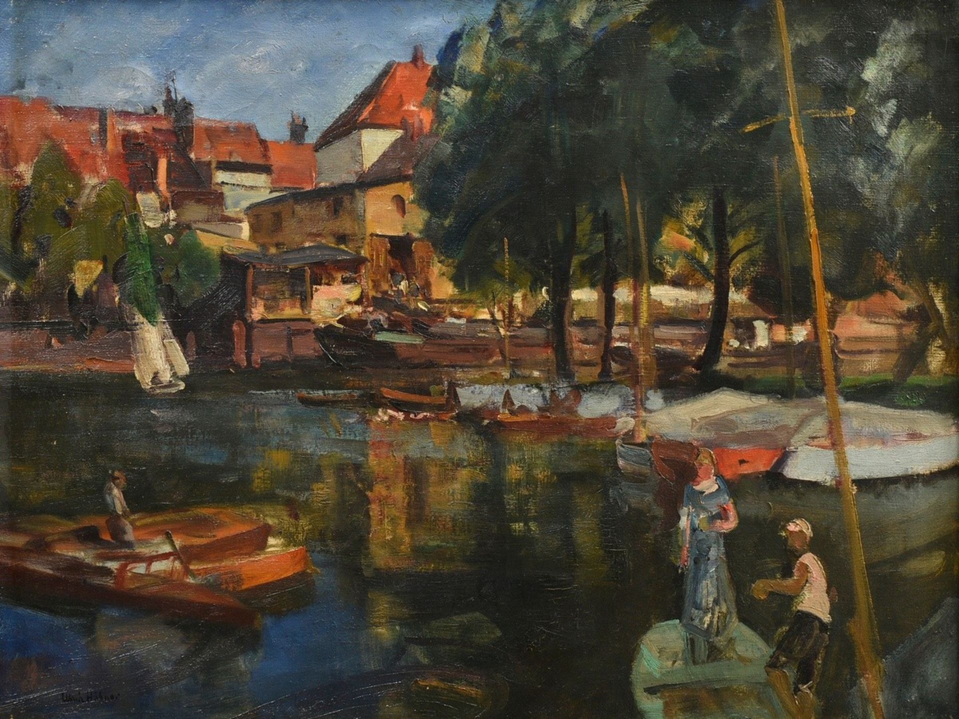 Hübner, Ulrich (1872-1932) "Bootssteg im Sommer" Öl/Leinwand, u.l. sign., 69,5x92,5cm (m.R. 86,5x11