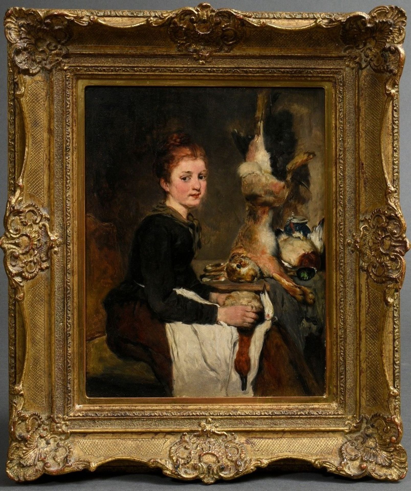 Weber, Heinrich (1843-1913) "Female Venison Dealer", oil/wood, at the back side certificate of auth - Image 2 of 9