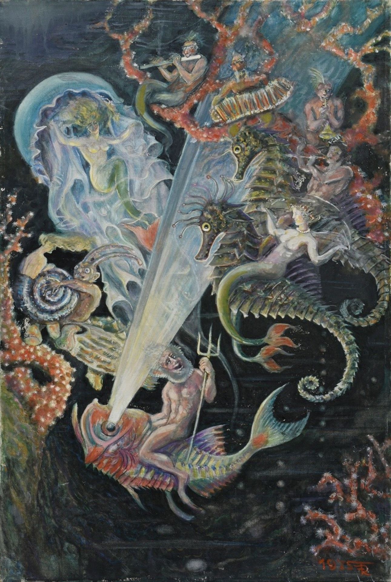 Fredderich, Rudolf (1886-1976) "Underwater Fairy Tale Scene" 1975, acrylic/canvas, lower right mono