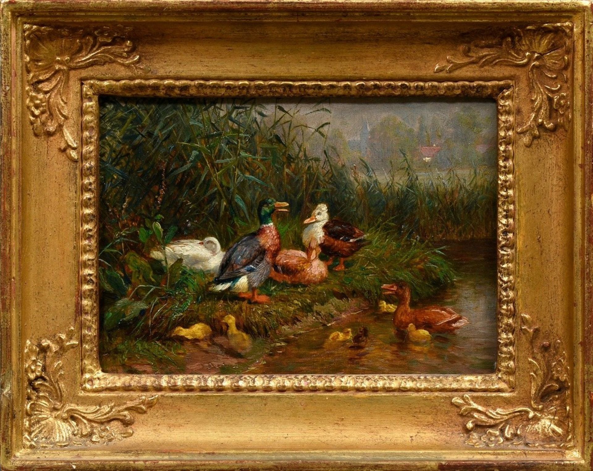 Jutz, Carl d. Ä. (1838-1916) zugeschr. "Enten mit Küken am Wasser", Öl/Holz, 15,5x18cm (m.R. 18,8x2 - Bild 2 aus 3