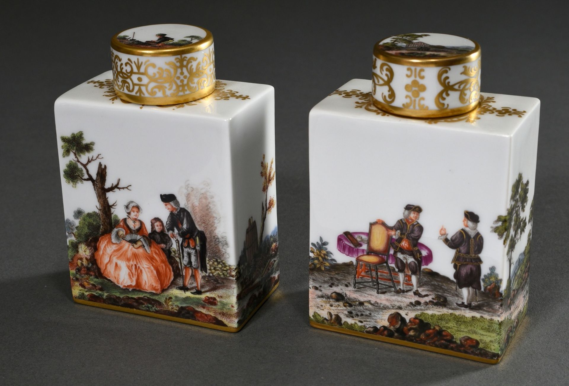 Pair of Meissen tea caddies with very fine polychrome painting "Miner motifs" after Bonaventura Got