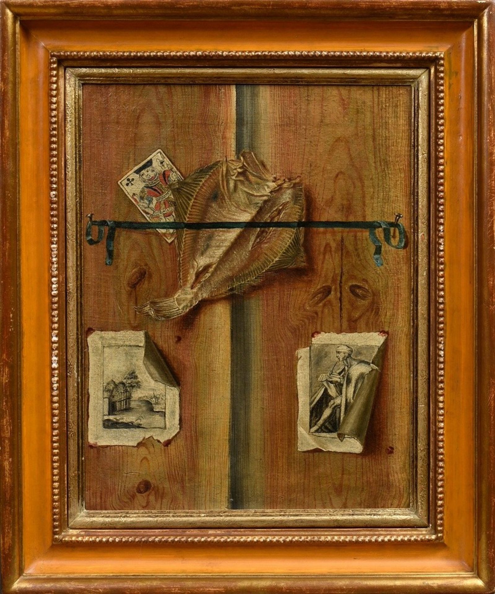 Unknown artist of the 17th/18th c. "Trompe-l'œil Memoire with stick-fish, sketches and playing card - Image 2 of 3