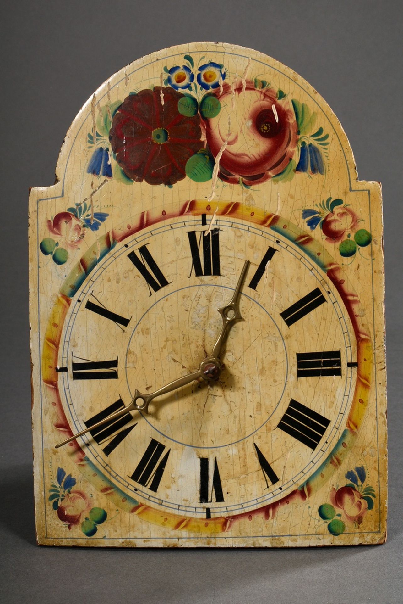 Bäuerliche Wanduhr mit floral bemaltem Zifferblatt und römischen Ziffern, 2. Hälfte 19.Jh., Pendel  - Bild 2 aus 5