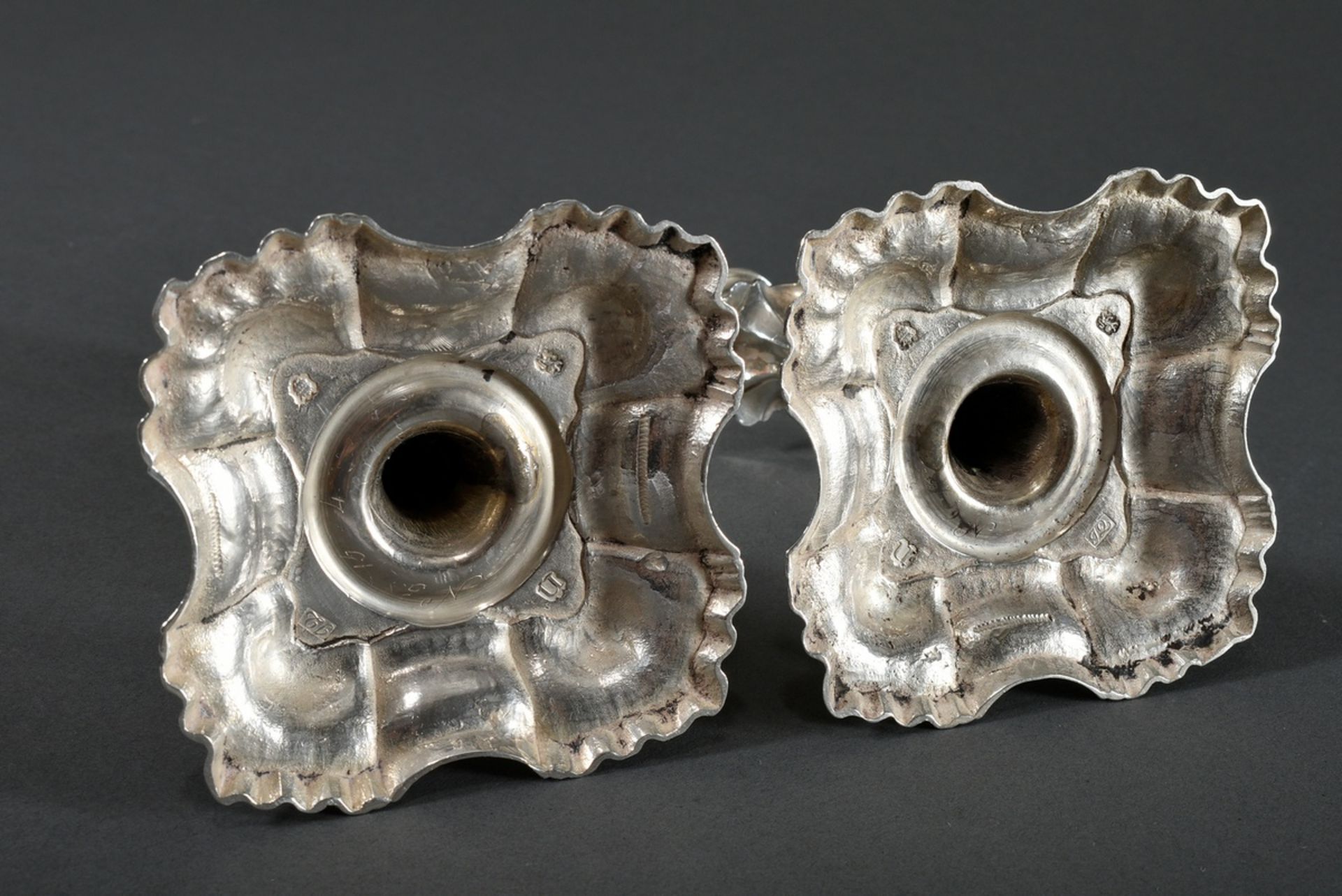 Pair of representative George II candlesticks on square footed base with indented sides and shell d - Image 5 of 7