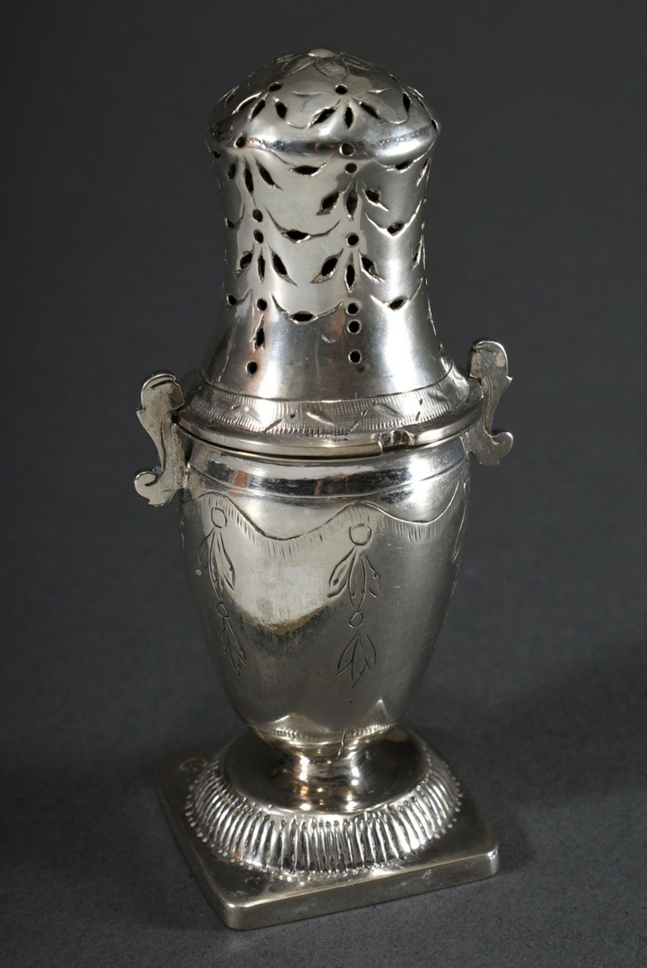 Small Danish shaker in vase form with engraved festoons and grooved foot, ornamental openwork lid w - Image 2 of 5