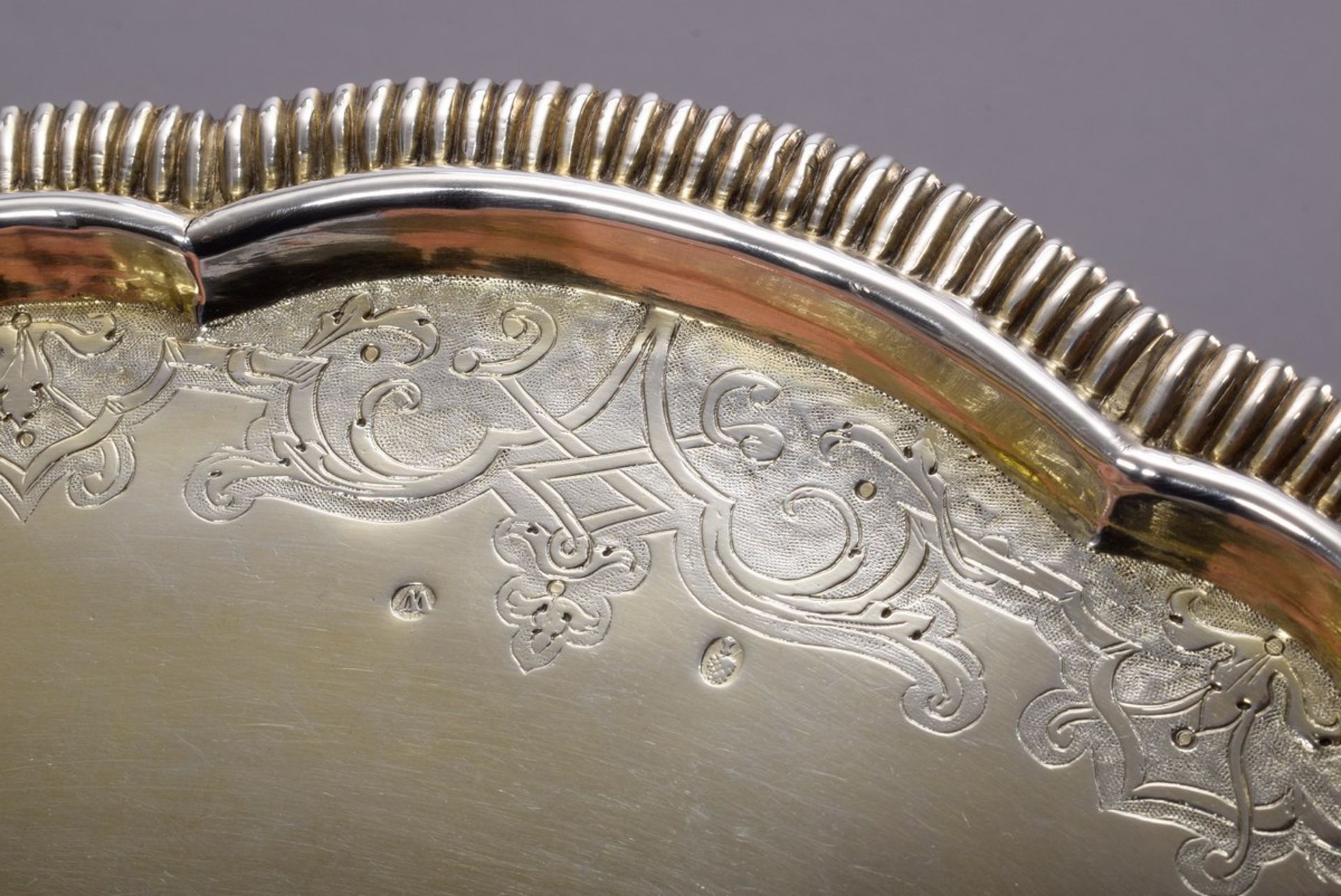 Small Régence tray with curved grooved rim and delicately engraved strapwork on ball feet, the bott - Image 2 of 6