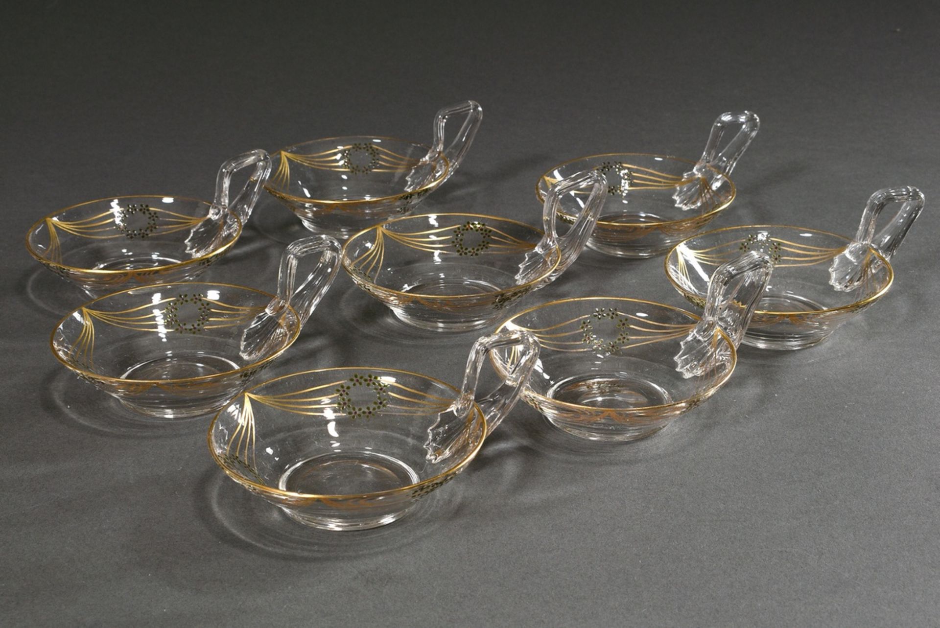 8 Jugendstil Glas Dessertschalen mit seitlichen Henkeln und zarter Bemalung "Blattkränze in Golddra - Bild 2 aus 5