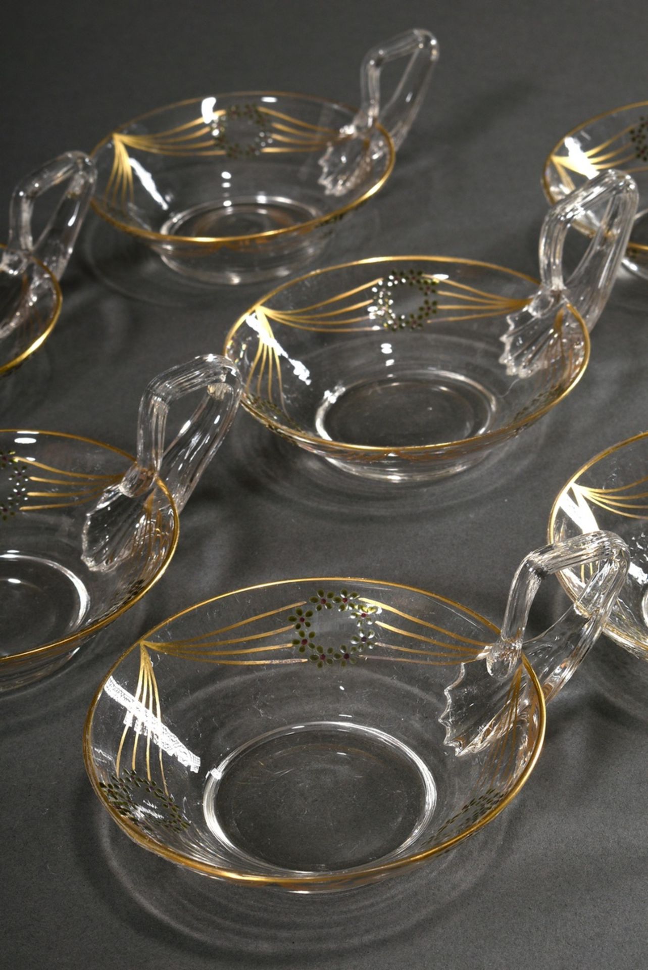 8 Jugendstil Glas Dessertschalen mit seitlichen Henkeln und zarter Bemalung "Blattkränze in Golddra - Bild 3 aus 5