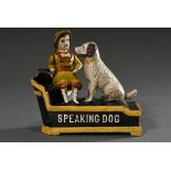 Mechanische Bank "Speaking Dog", Gusseisen, bemalt, USA, wohl 1. Hälfte 20.Jh., 18x19,5x7,8cm, funk