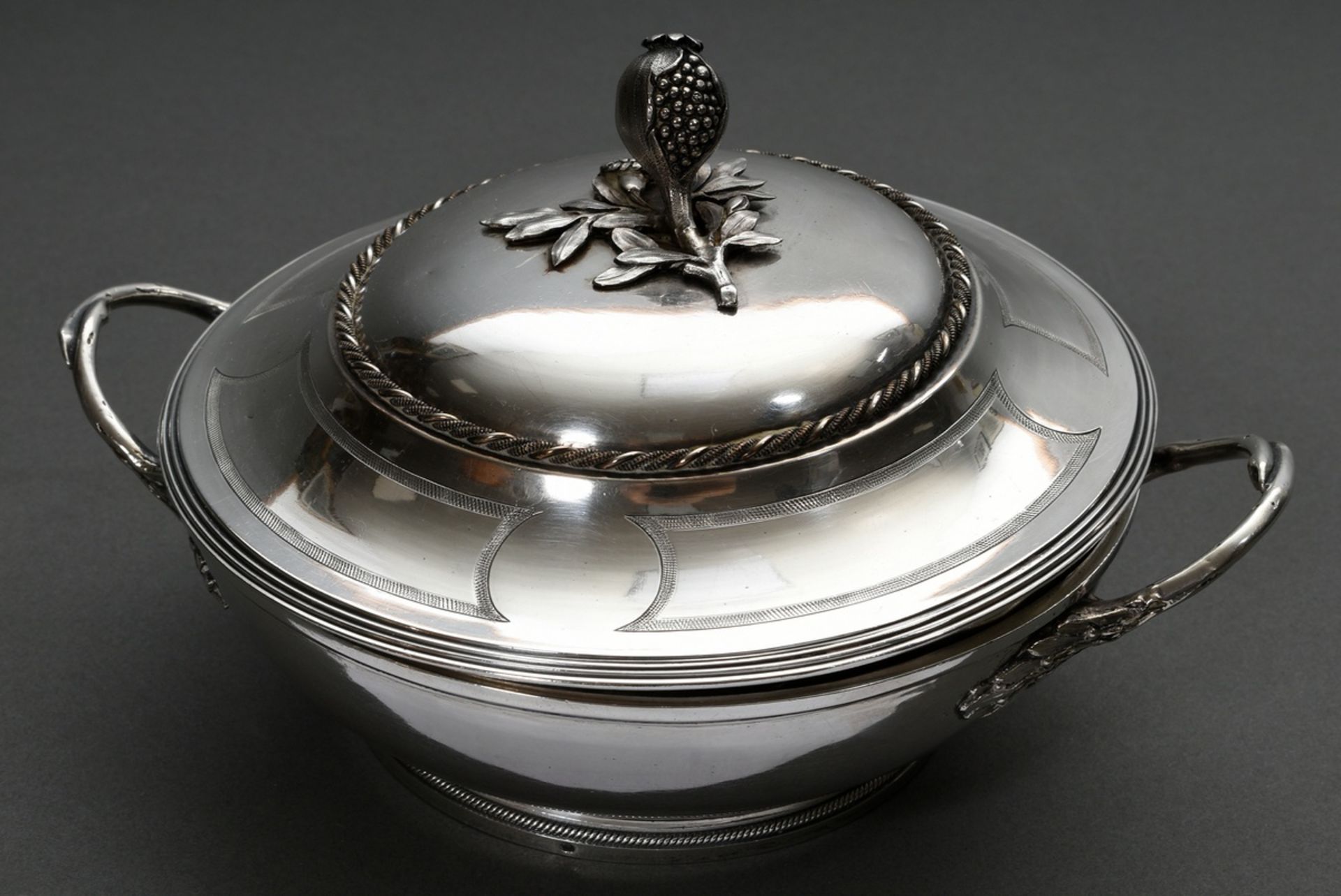 Louis XVI Écuelle with branch handles and sculptural "pomegranate" pommel as well as fine cord frie