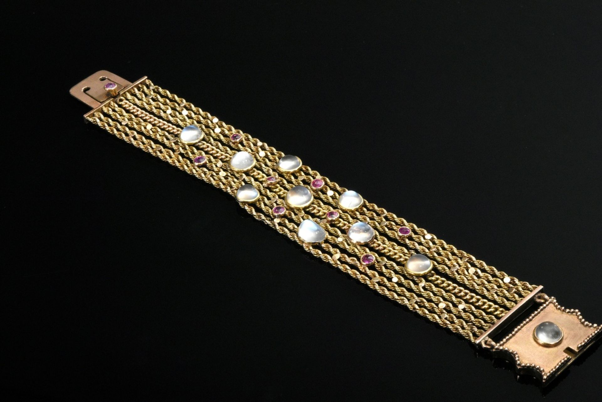 Multi-strand yellow gold 585 bracelet with moonstones and rubies and red gold 750 clasp, 36.9g, l.  - Image 3 of 6