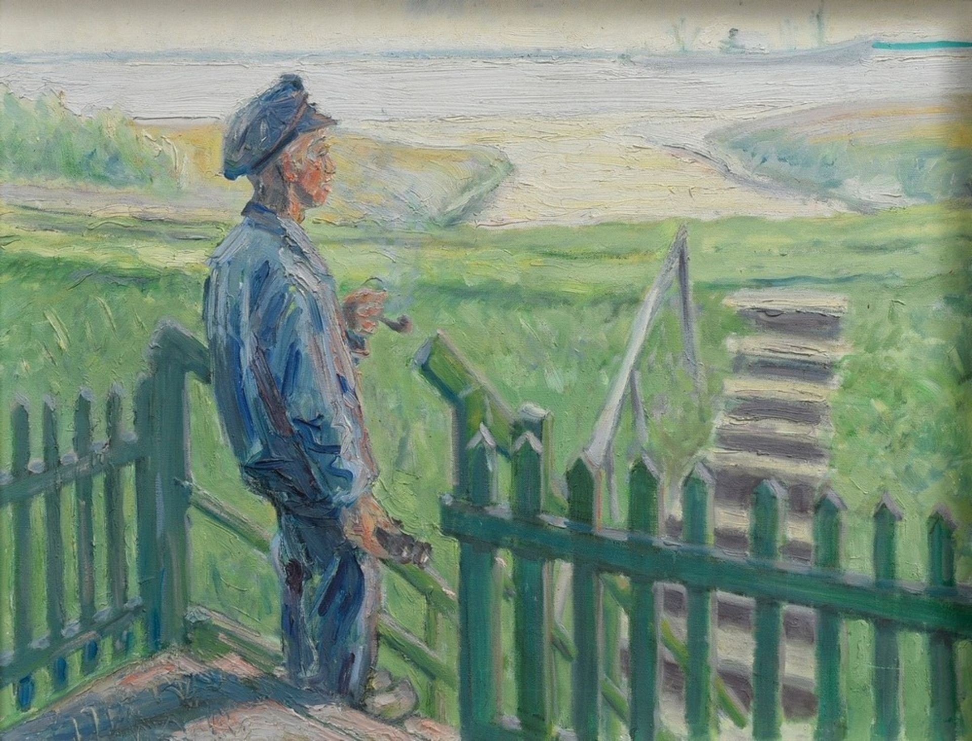 Fredderich, Rudolf (1886-1976) “Schiffer an der Elbe“, Öl/Kohle/Leinwand, 51x66cm (m.R. 56x69cm)