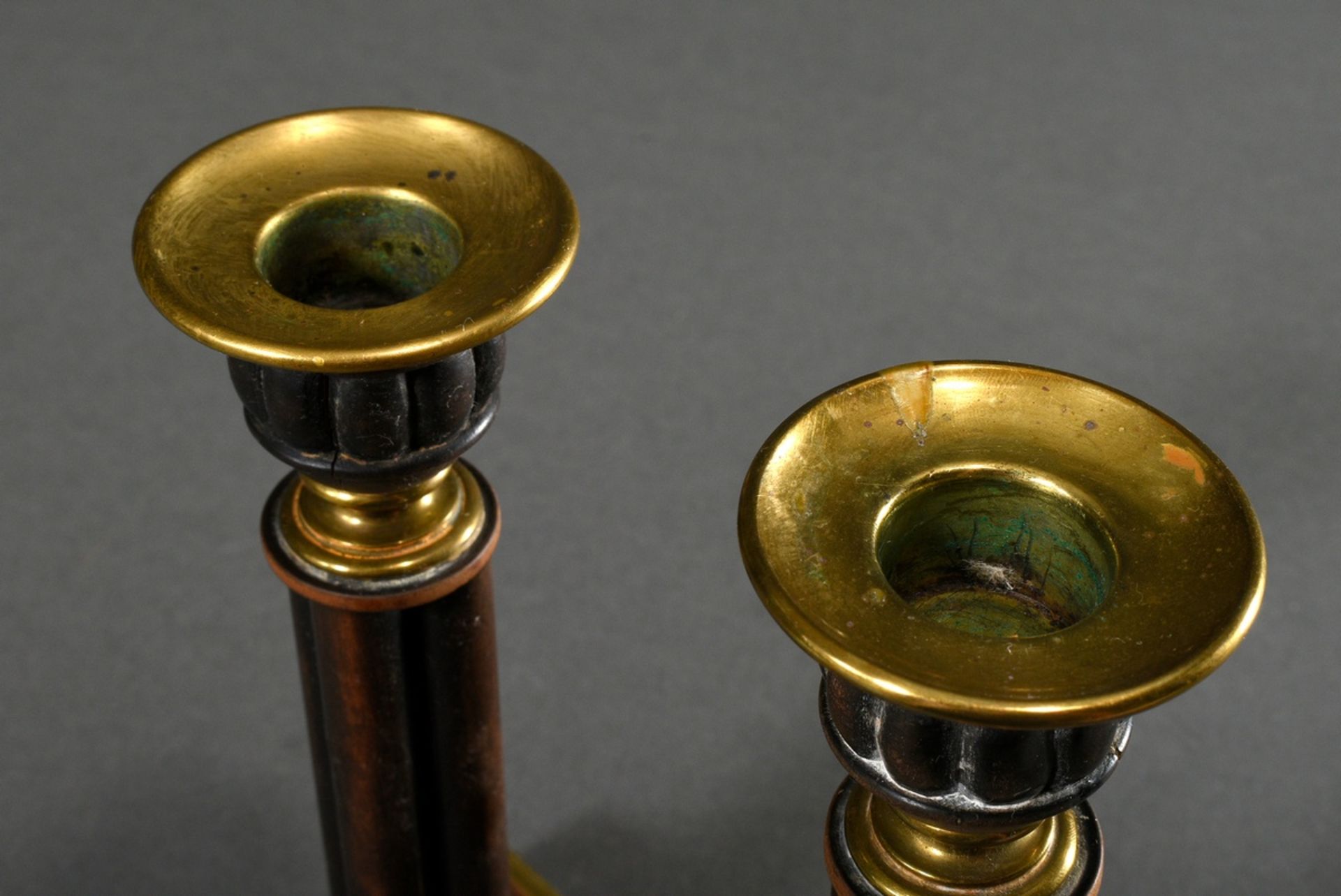 Pair of historicism candlesticks with carved spouts, shafts and feet in brass mounts, probably Engl - Image 2 of 3