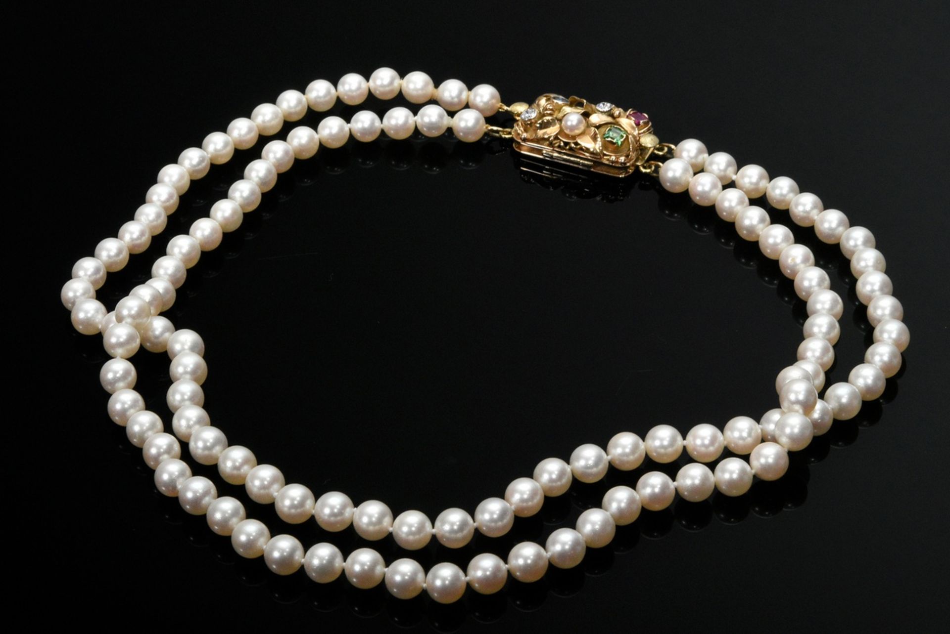 Elegant double row cultured pearl necklace with handmade yellow gold 585 interchangeable clasp (14g