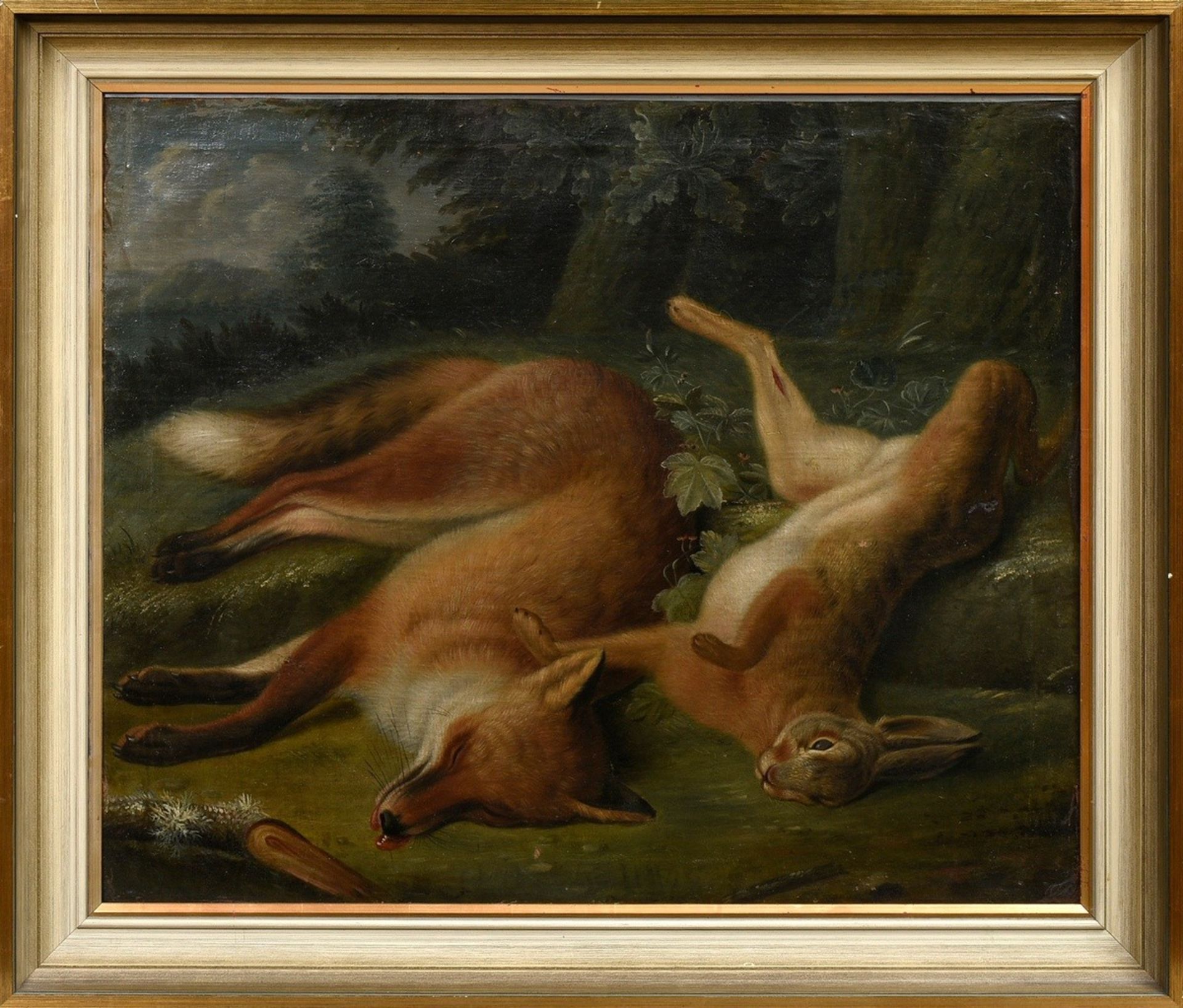 Unknown painter of the 19th c. "Hunting prey fox and hare", oil/canvas doubled, 71,5x84cm (w.f. 86, - Image 2 of 8