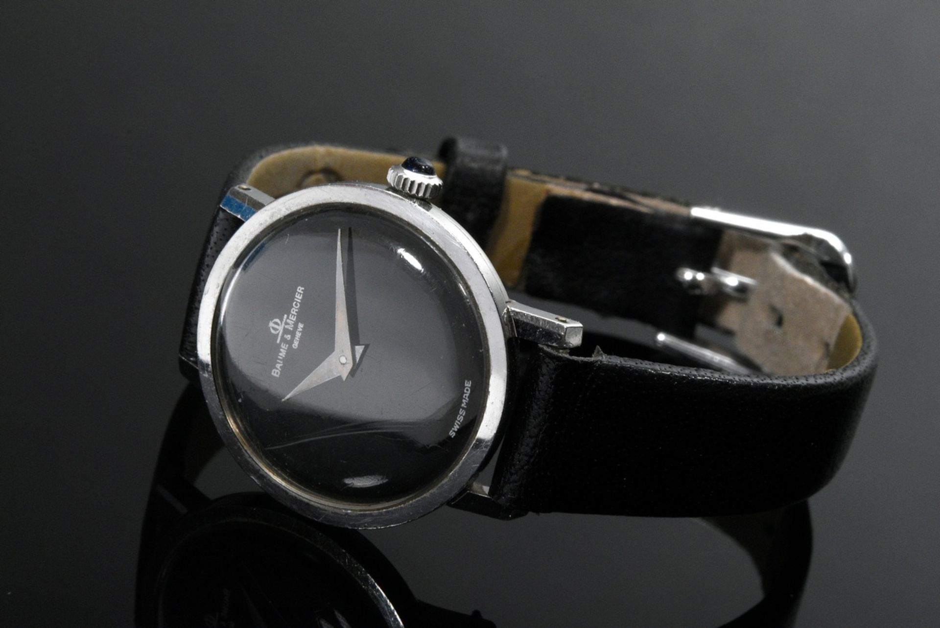 Weißgold 750 Armbanduhr "Baume & Mercier", Handaufzug, rundes Gehäuse, Boden aufgedrückt, schwarzes