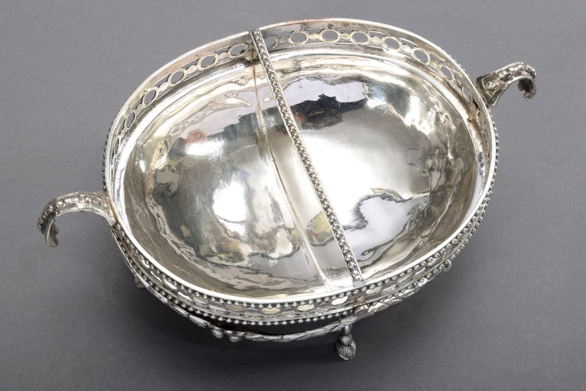 Oval classicistic offering bowl on goat feet with central separation and openworked rim as well as  - Image 2 of 6