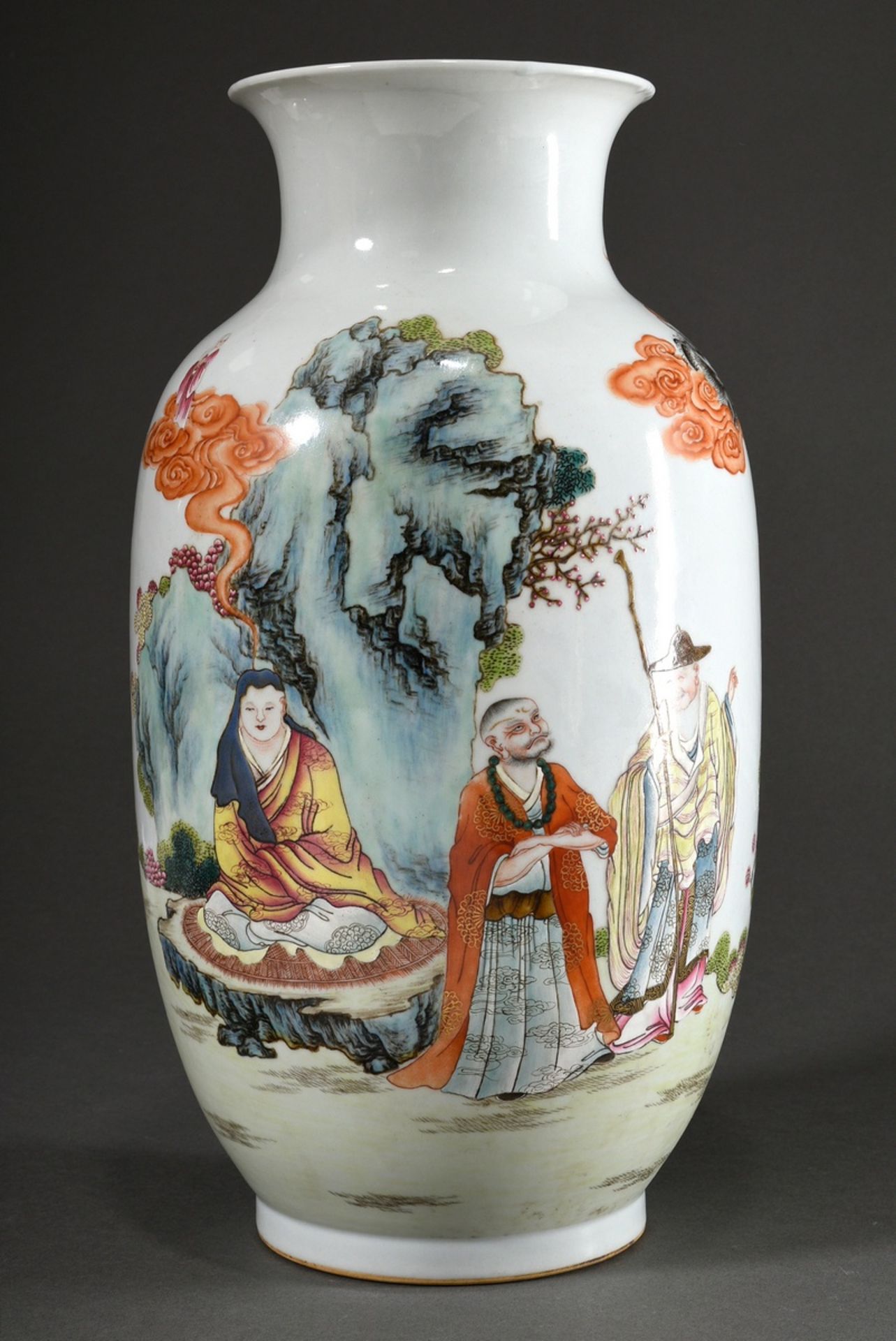 Baluster vase with fine polychrome painting "Eight Luohan", apocryphal seal mark "Mountain of the R