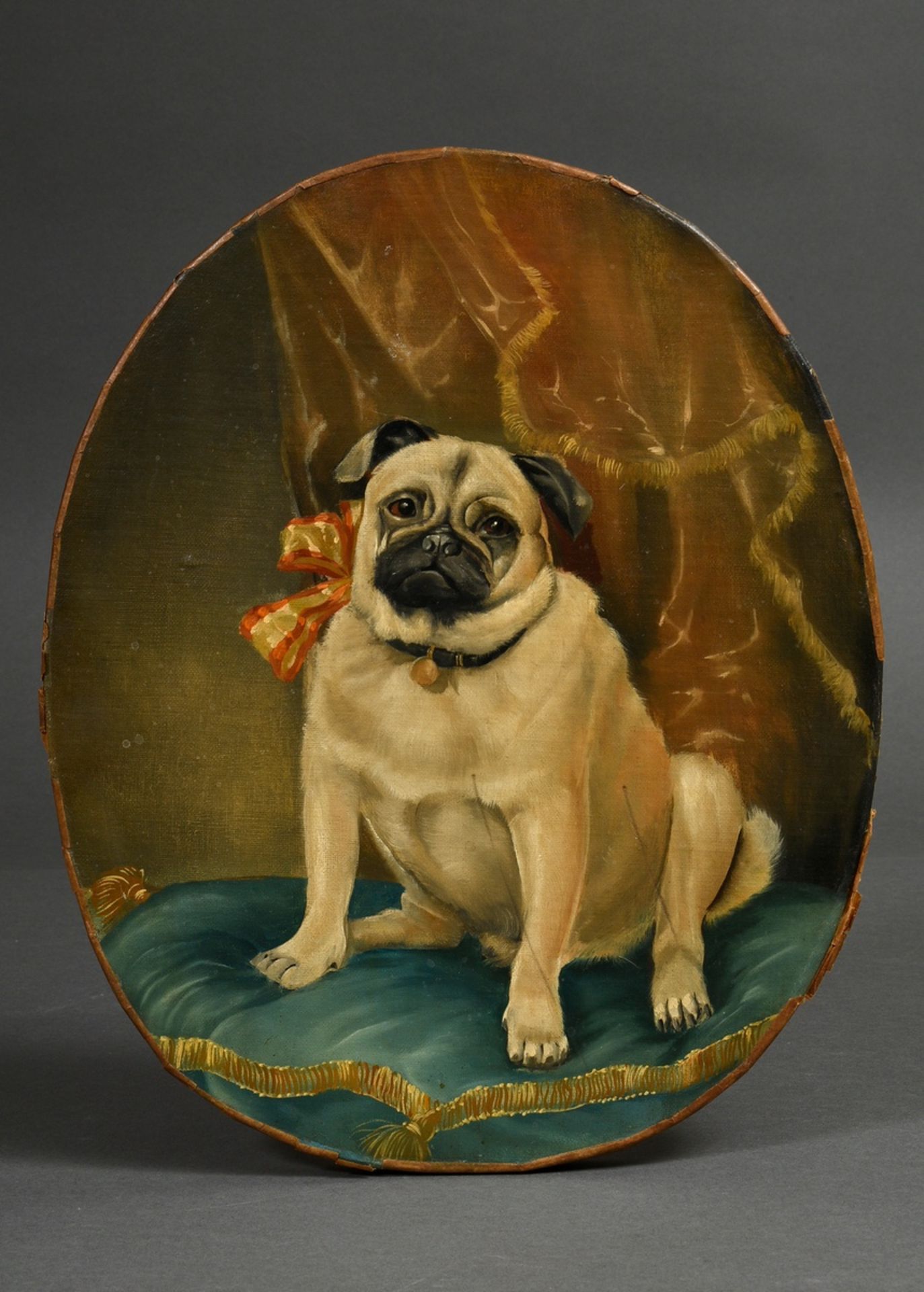 Unknown artist c. 1880 "Sitting Pug with Ribbon on Cushion", oil/canvas, mounted on wood, 40.8x33.3