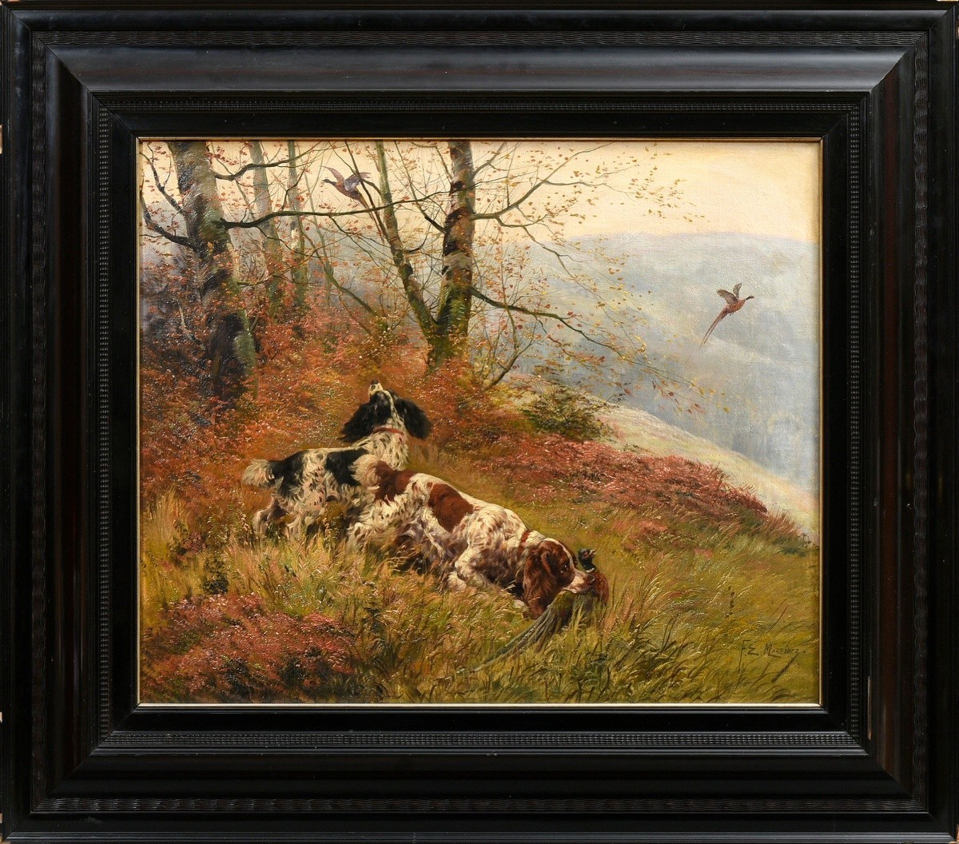 Martinez, F.E. (19th c.) "Hunting dogs retrieving a pheasant", oil/canvas, lower right sign., Dutch - Image 2 of 6