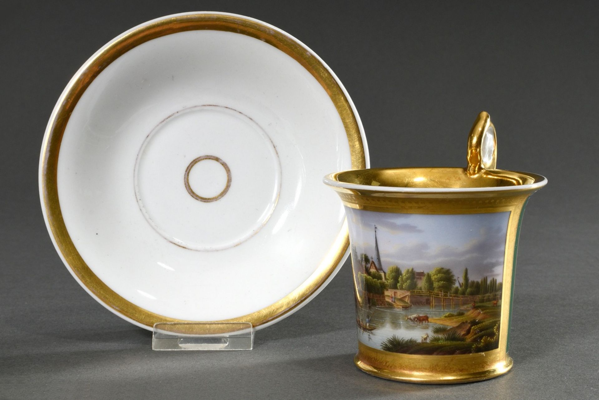 Biedermeier view cup with flawless painting "Leinpfad mit Eppendorfer Kirche" on dark green backgro - Image 3 of 6
