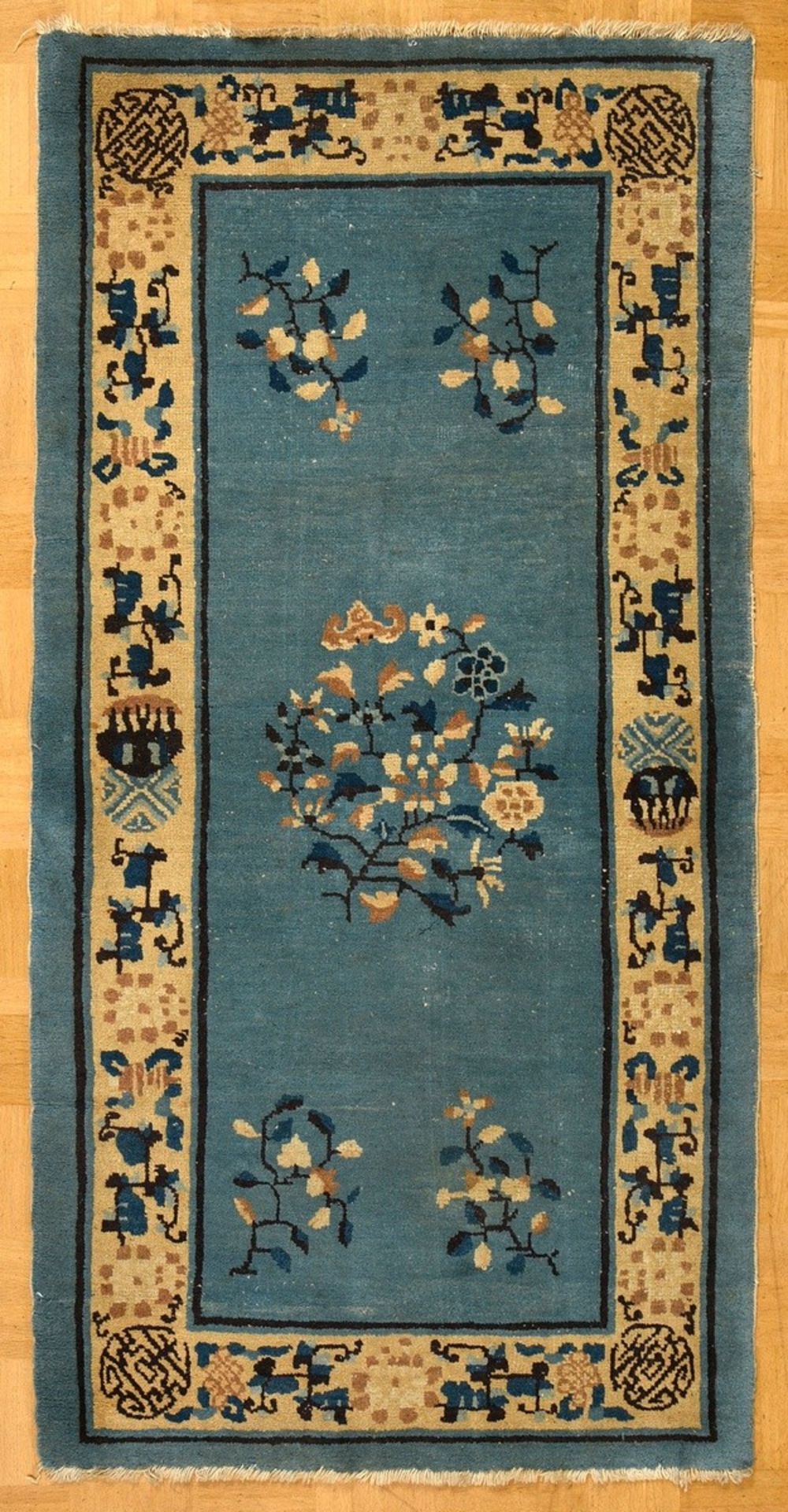 Chinese bridge "twigs and bat" on light blue field with light floral border and Shou characters in 