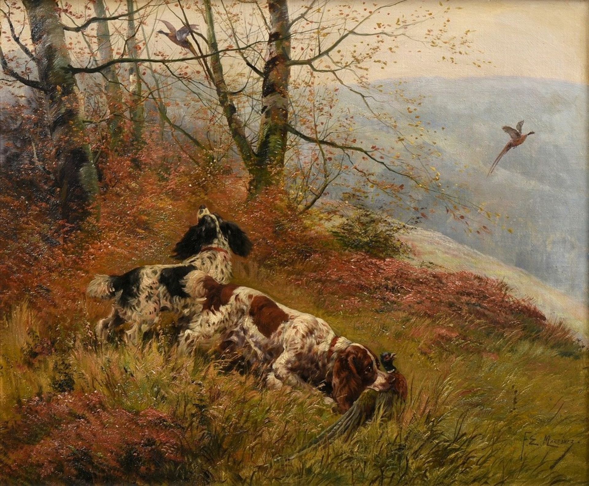 Martinez, F.E. (19th c.) "Hunting dogs retrieving a pheasant", oil/canvas, lower right sign., Dutch