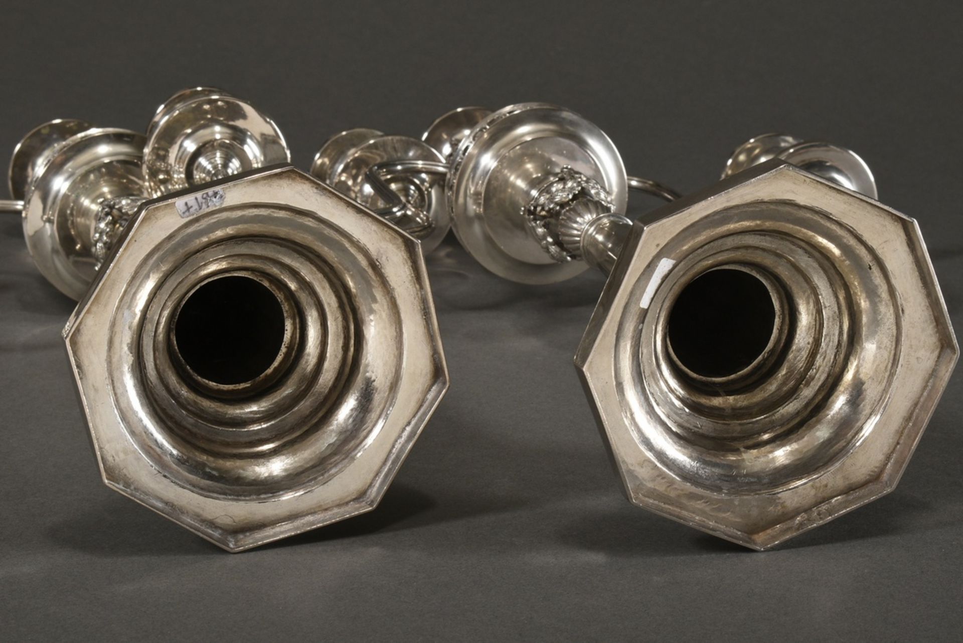 Pair of classicistic two-flame girandoles on an octagonal foot with conical faceted shaft and sculp - Image 6 of 6