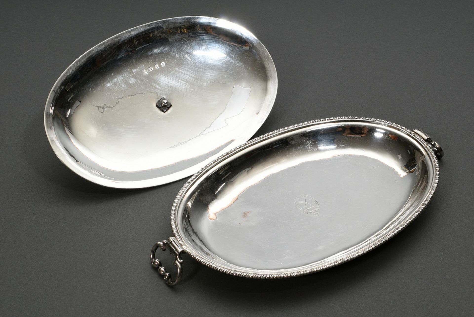 Elegant flat oval lidded bowl with movable handles, fluted rim and ebonized lid knob and engraved H - Image 5 of 7