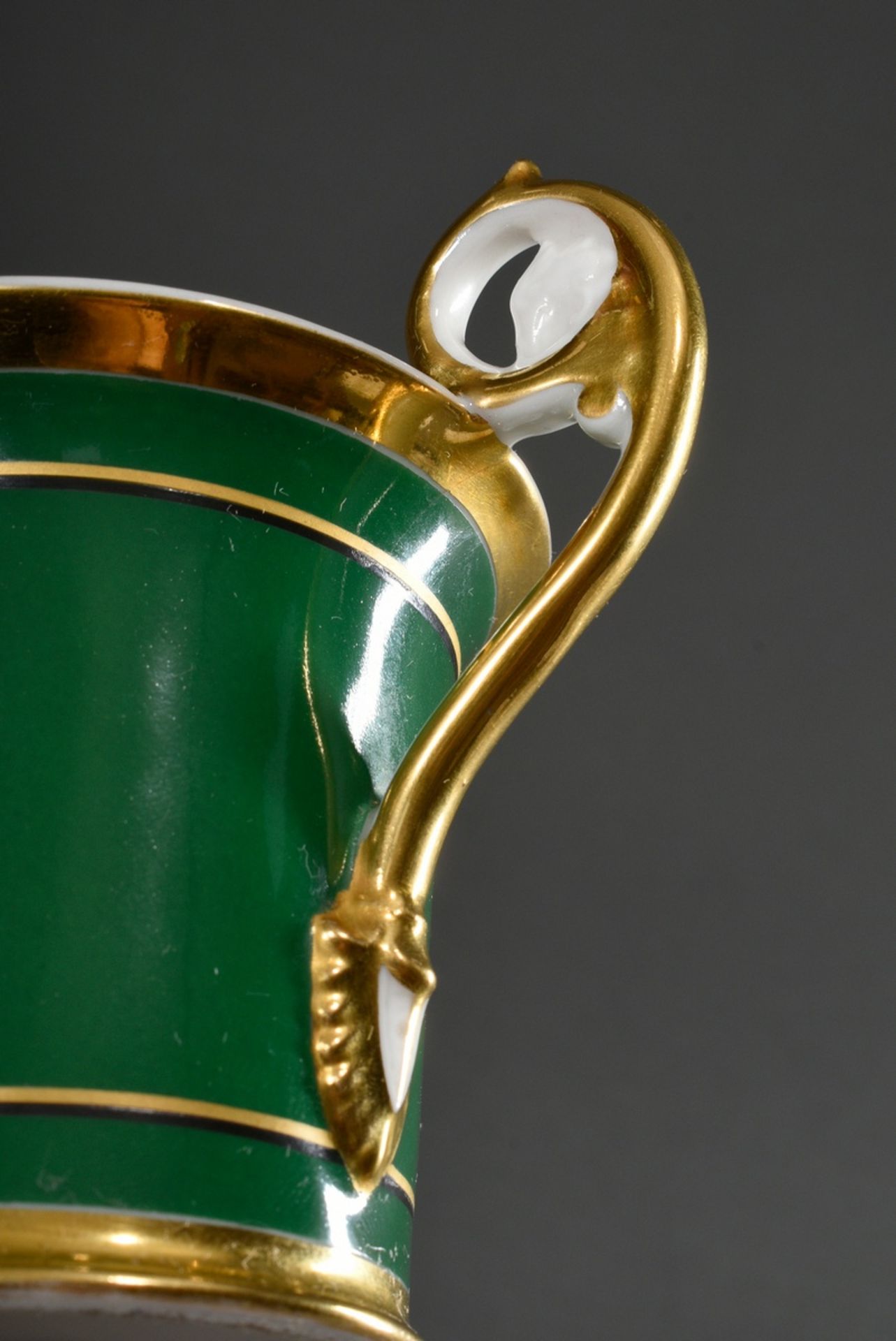 Biedermeier view cup with flawless painting "Leinpfad mit Eppendorfer Kirche" on dark green backgro - Image 5 of 6