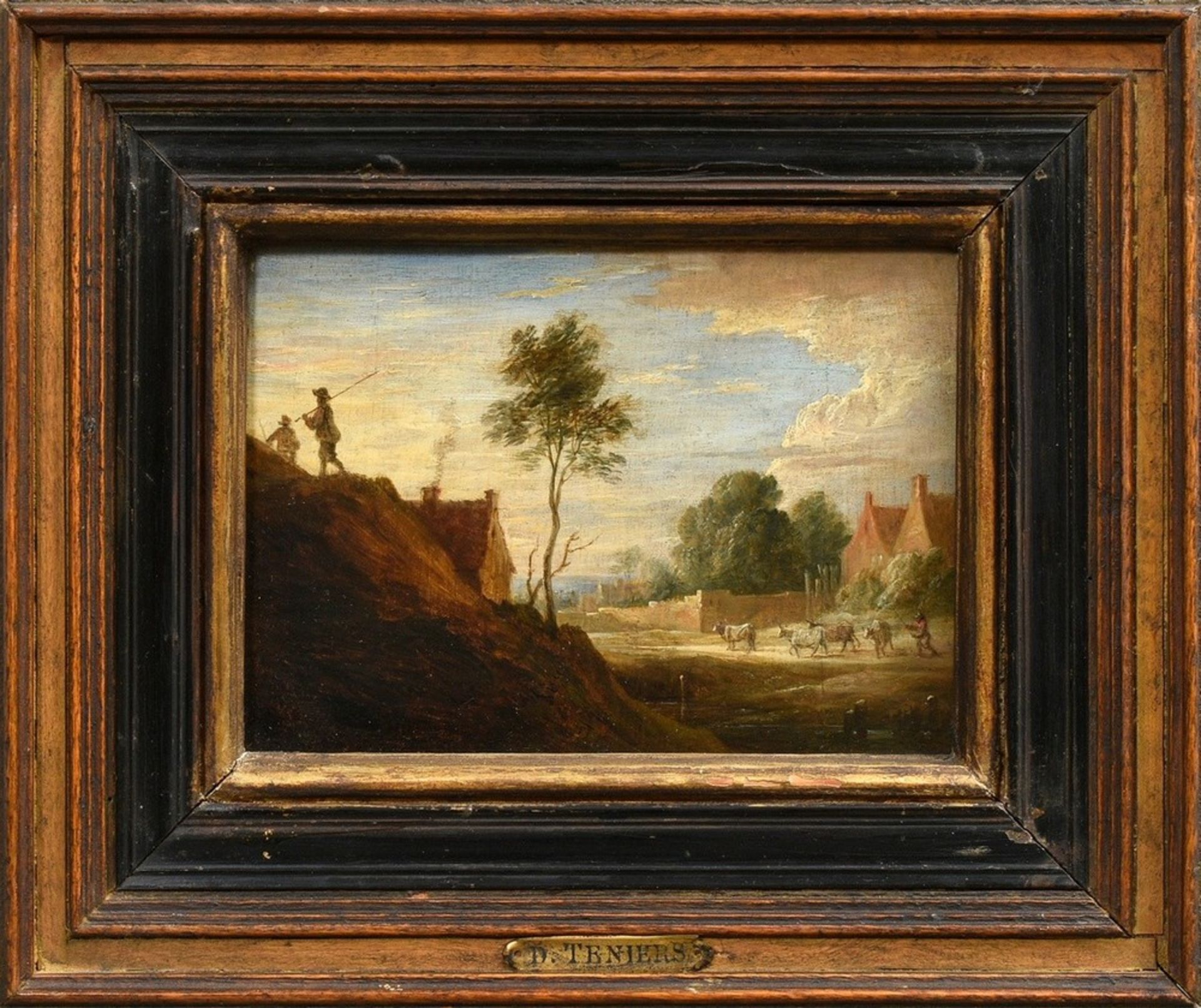 Teniers, David II (1610-1690) „Dörfliche Szene“, Öl/Holz, 12,2x16,8cm (m.R. 22,8x27,5cm), min. Alte - Bild 2 aus 5