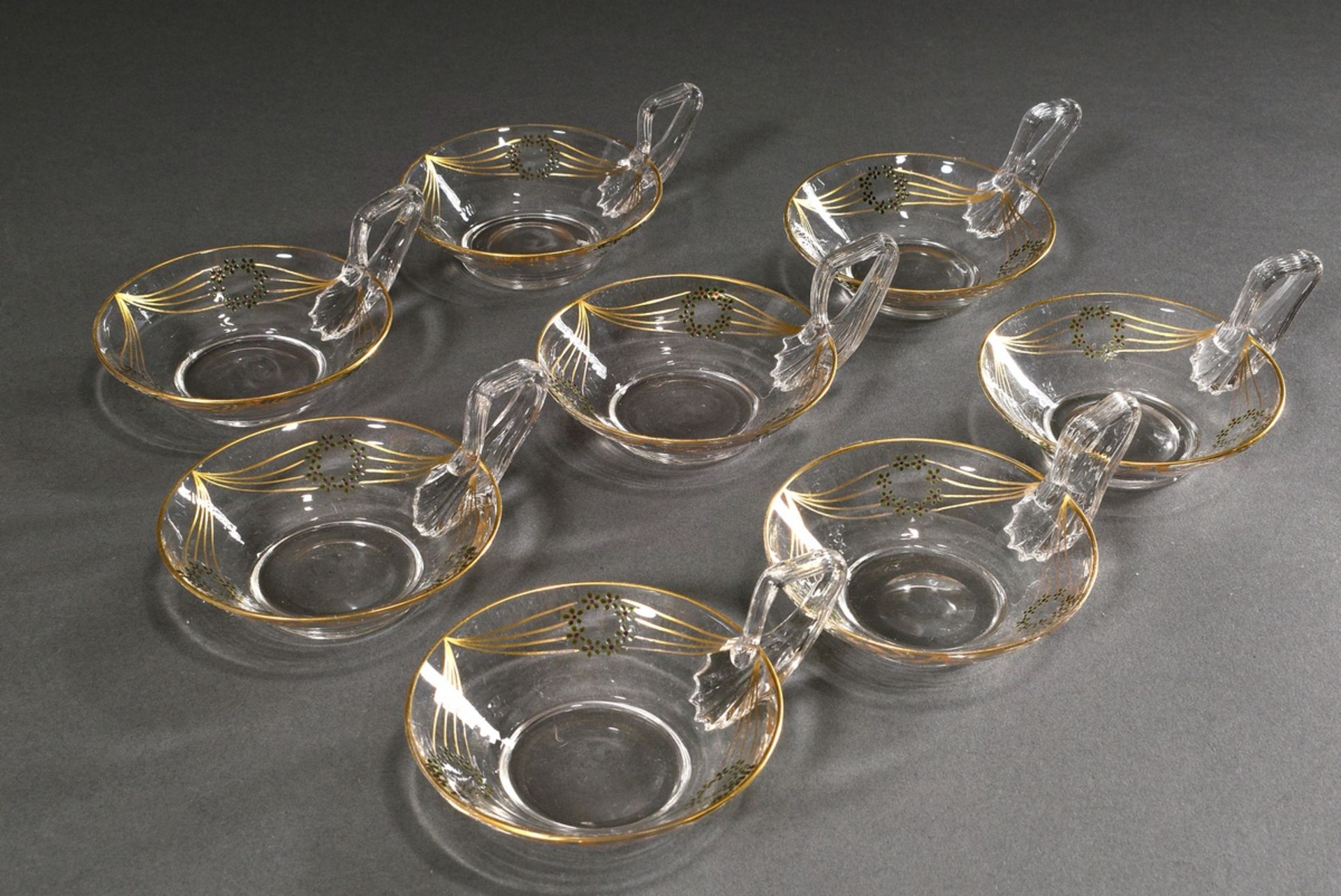 8 Jugendstil Glas Dessertschalen mit seitlichen Henkeln und zarter Bemalung "Blattkränze in Golddra