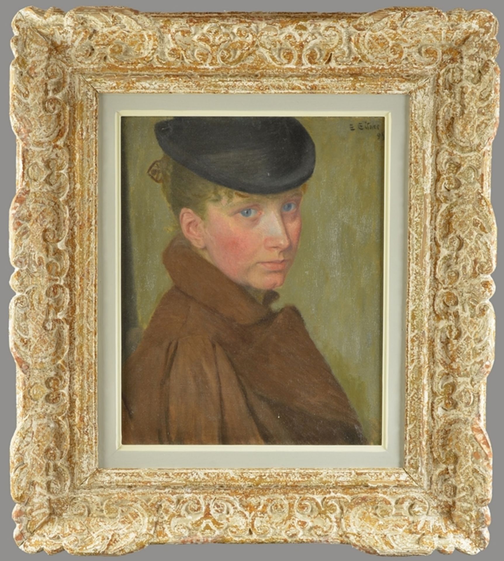 Eitner, Ernst (1867-1955) "Toni with black hat" 1895, oil/canvas, t.r. sign./dat., vegetal decorate - Image 2 of 5