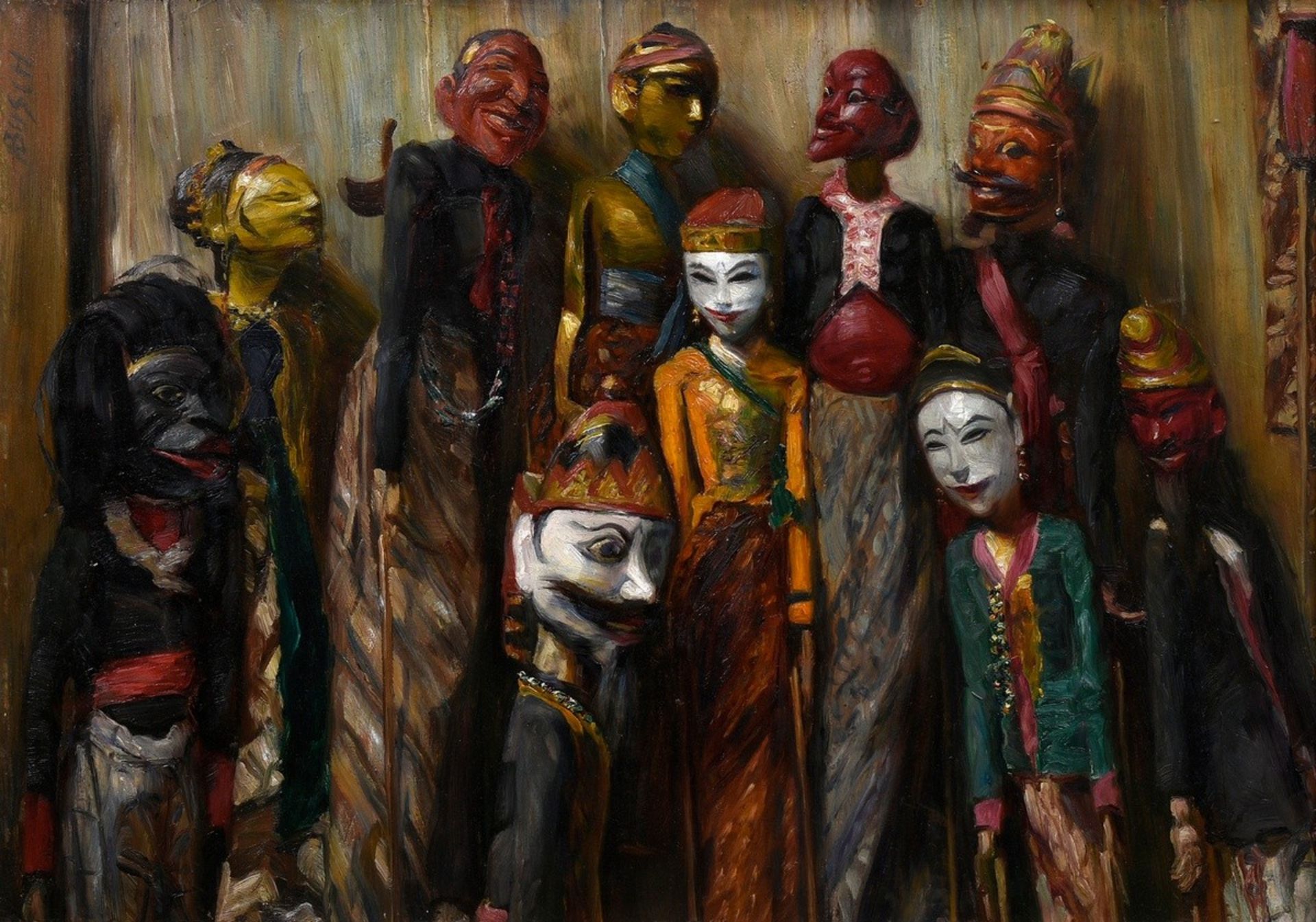 Busch, Arnold (1876-1951) "Indonesian Puppet Theatre Figures", oil/painting board, sign. top left, 