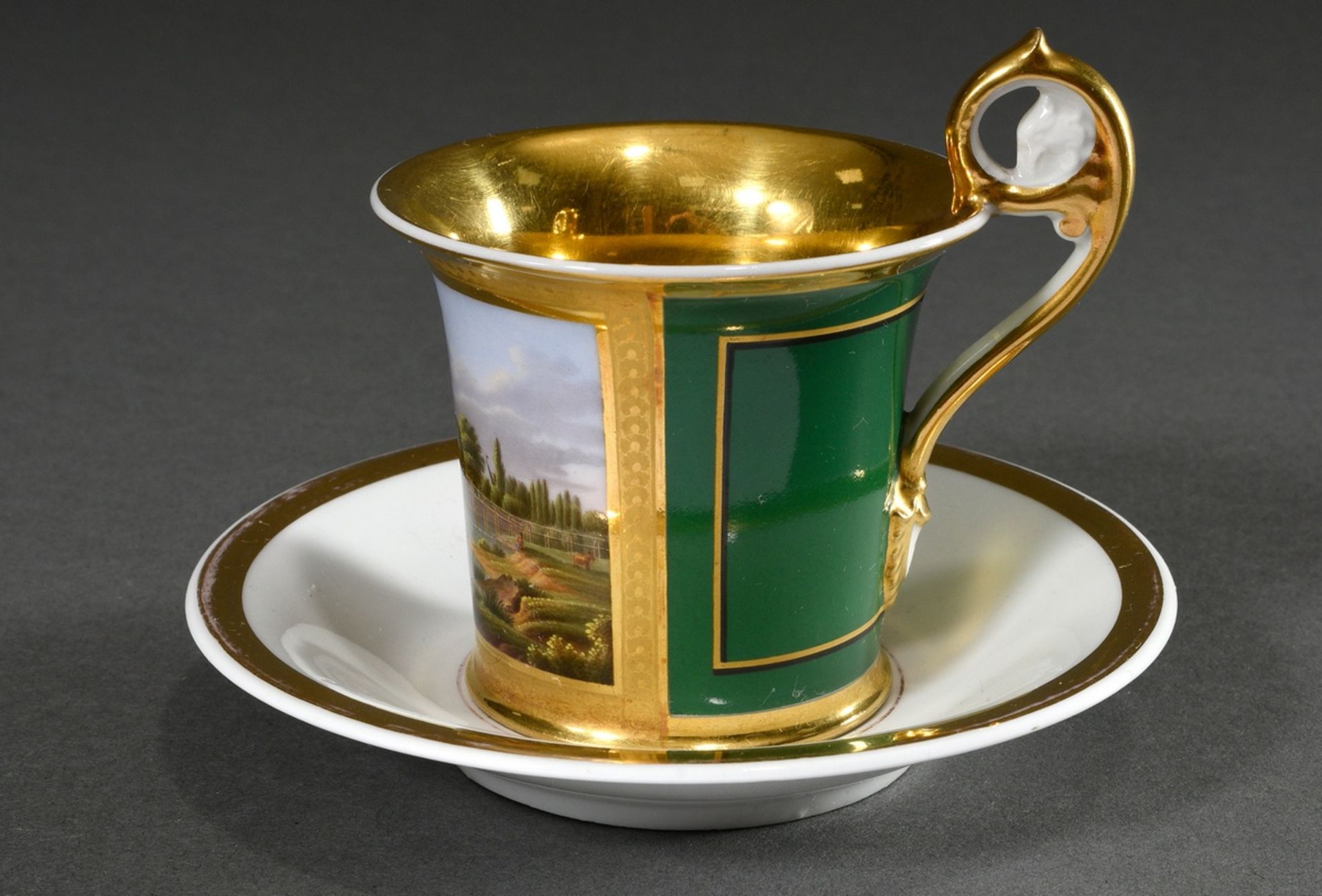 Biedermeier view cup with flawless painting "Leinpfad mit Eppendorfer Kirche" on dark green backgro - Image 2 of 6