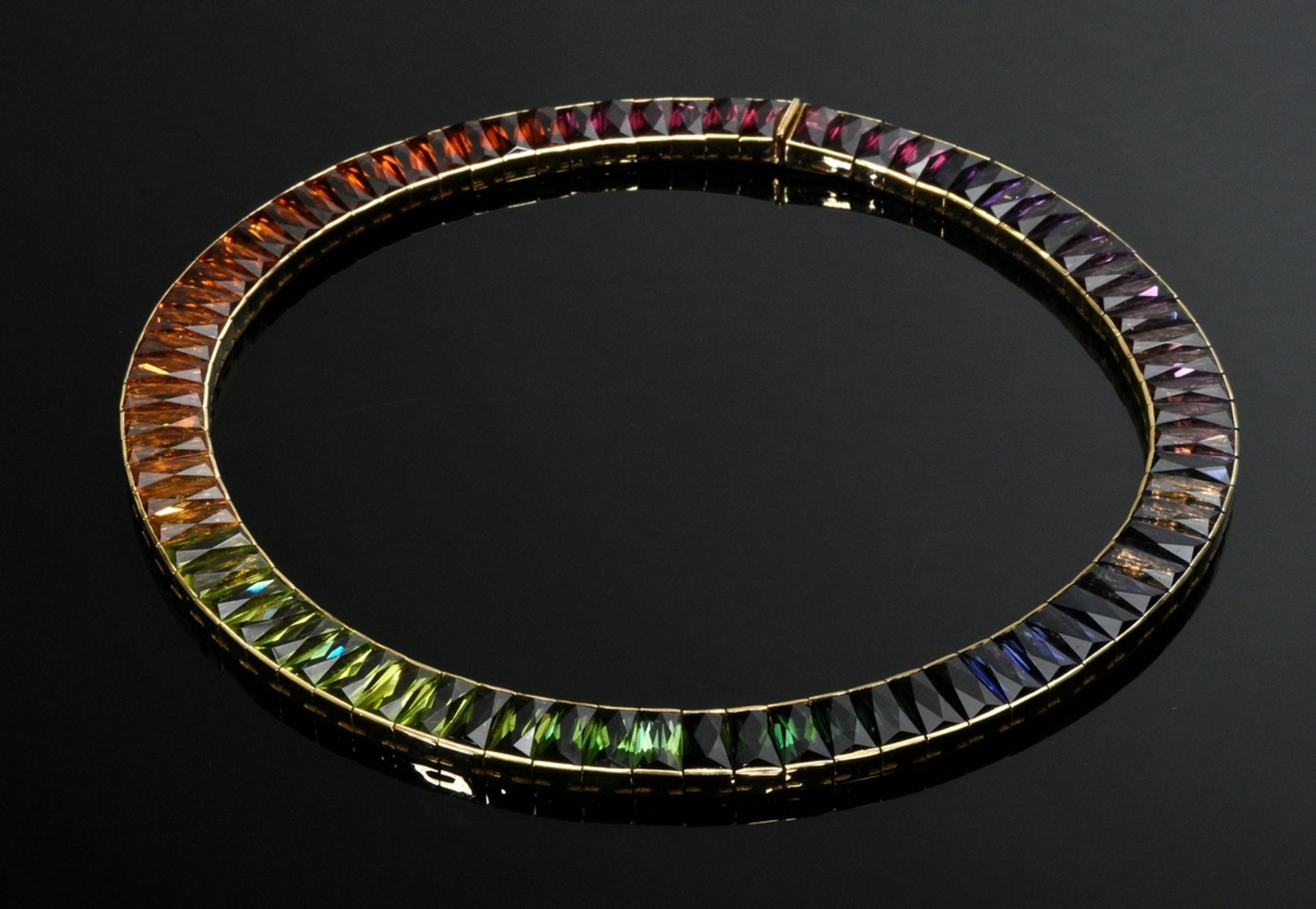 Hans Stern yellow gold 750 "Rainbow" necklace with 77 coloured gemstones (amethysts, topazes, tourm