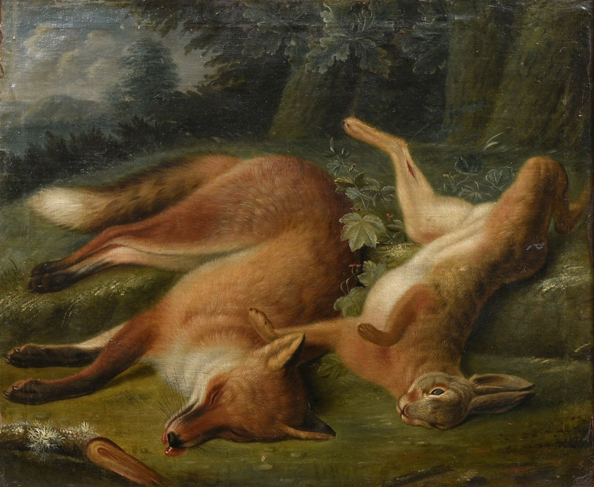 Unbekannter Maler des 19.Jh. "Jagdbeute Fuchs und Hase", Öl/Leinwand doubliert, 71,5x84cm (m.R. 86,