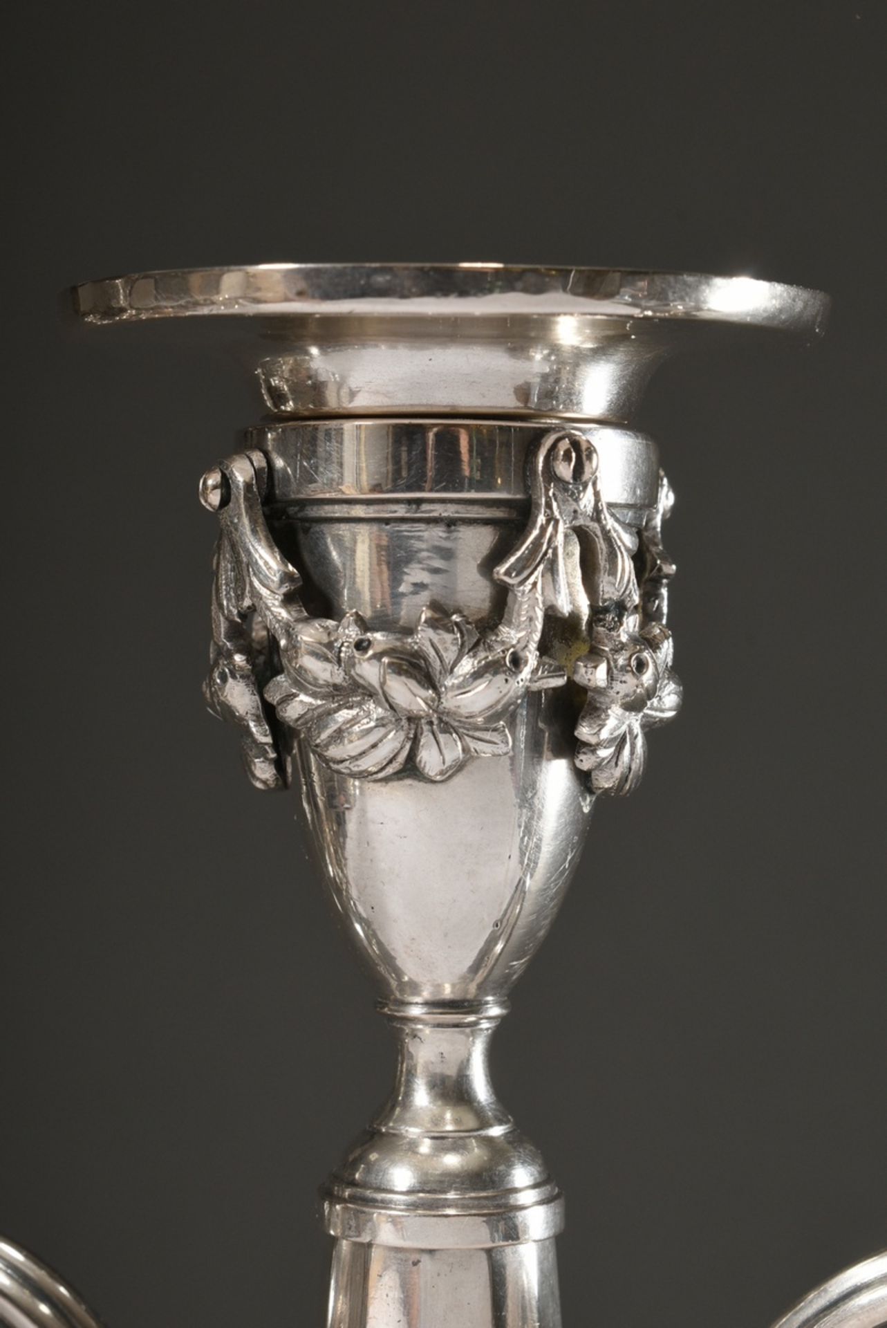 Pair of classicistic two-flame girandoles on an octagonal foot with conical faceted shaft and sculp - Image 4 of 6
