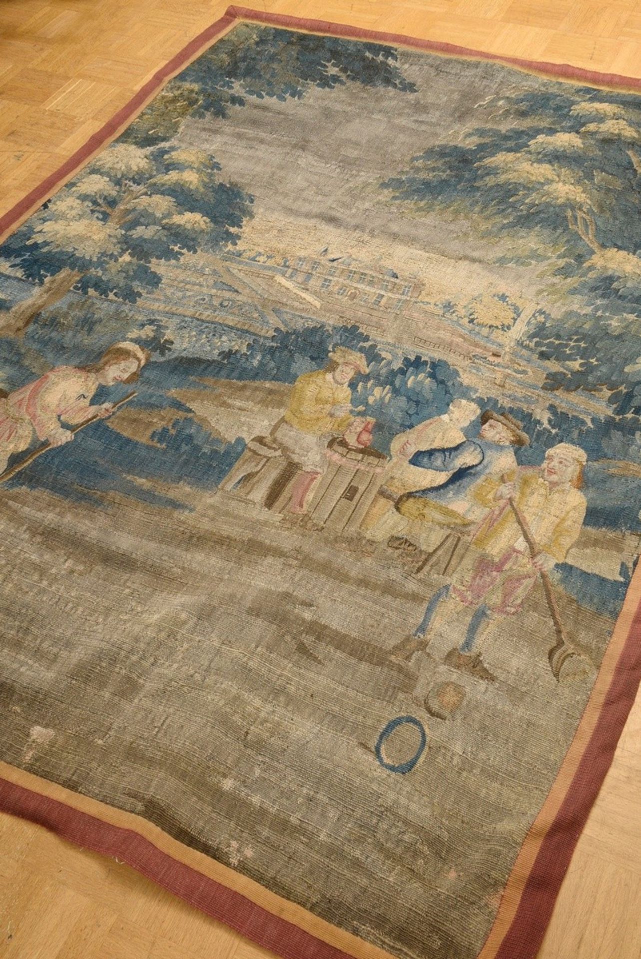 Antique tapestry "Paille Maille playing persons in front of castle architecture", wool/cotton, nort - Image 2 of 11