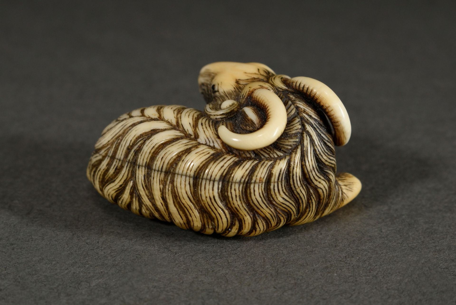 Ivory netsuke "Rolled-in mountain goat" with inlaid eyes of black horn and engraved fur, golden pat - Image 2 of 6